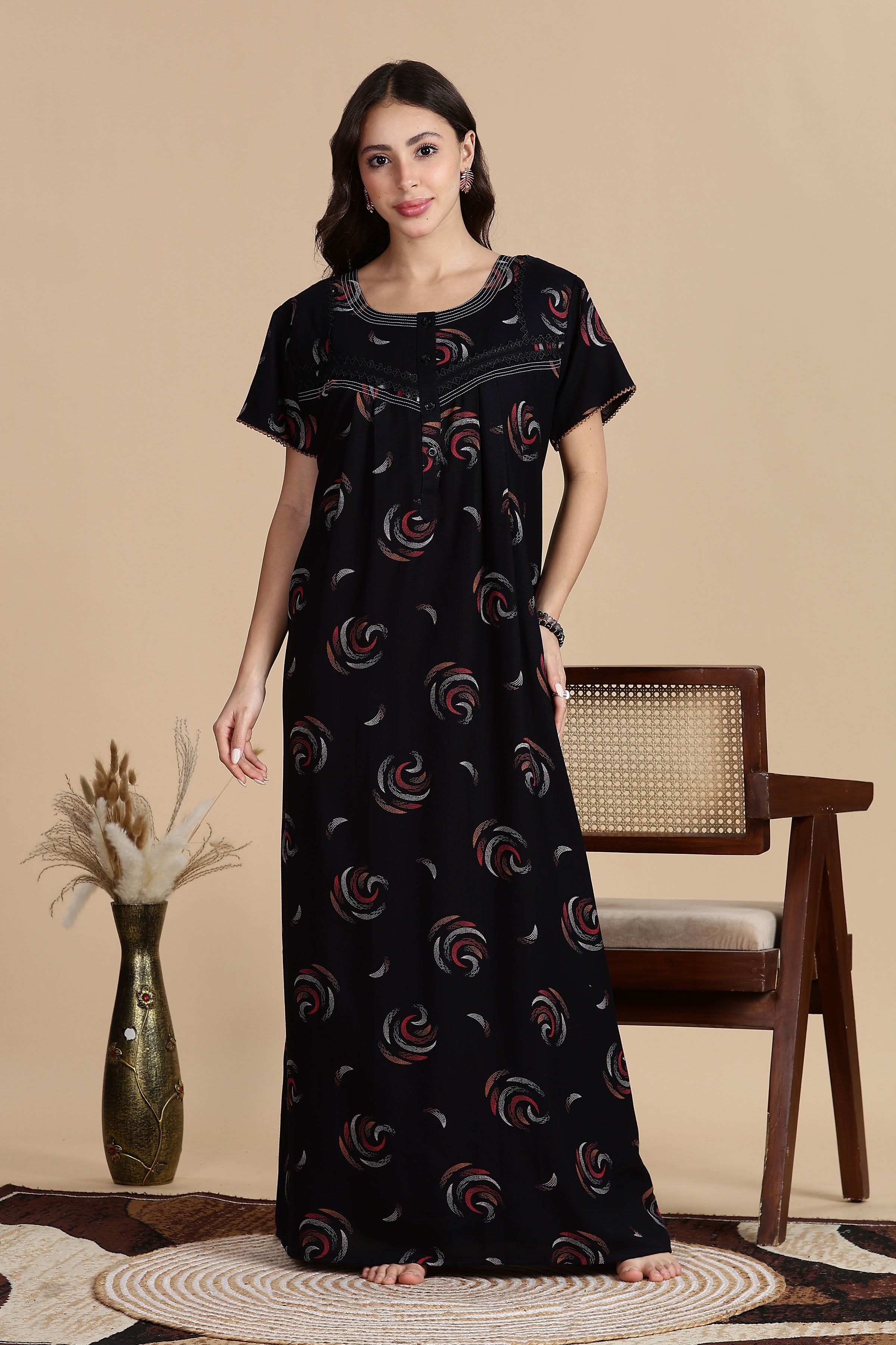 Women's Alpine Front Open and Side Pocket Maxi Nighty Nightdress