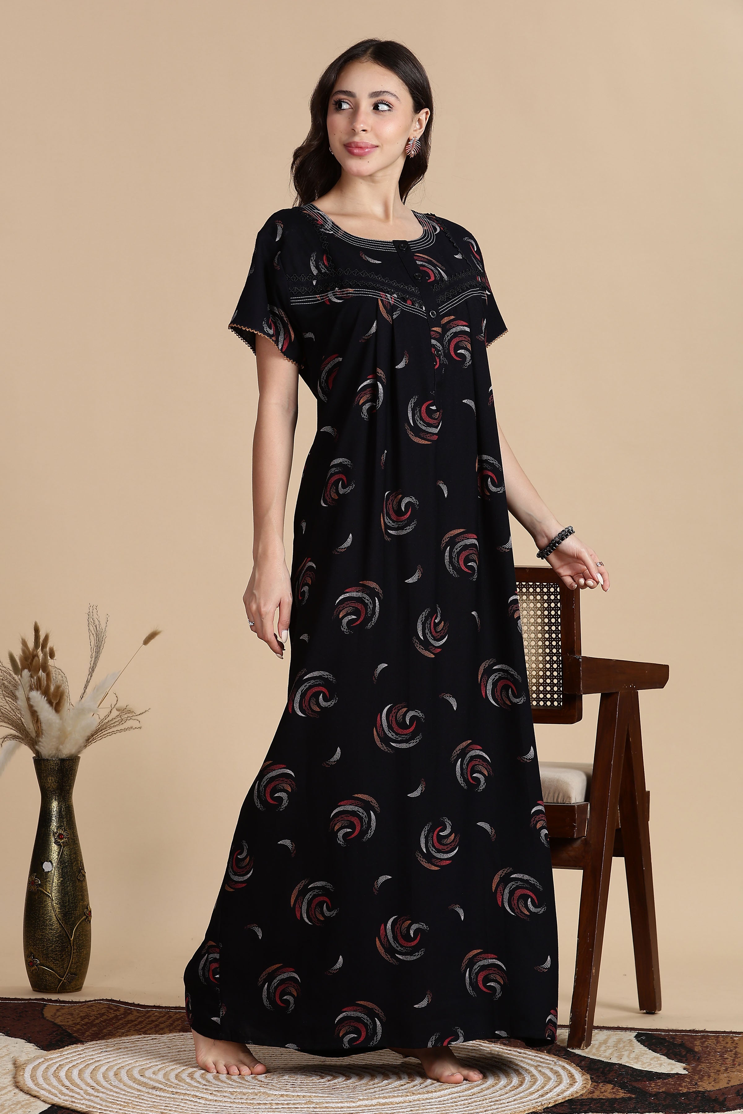 Women's Alpine Front Open and Side Pocket Maxi Nighty Nightdress