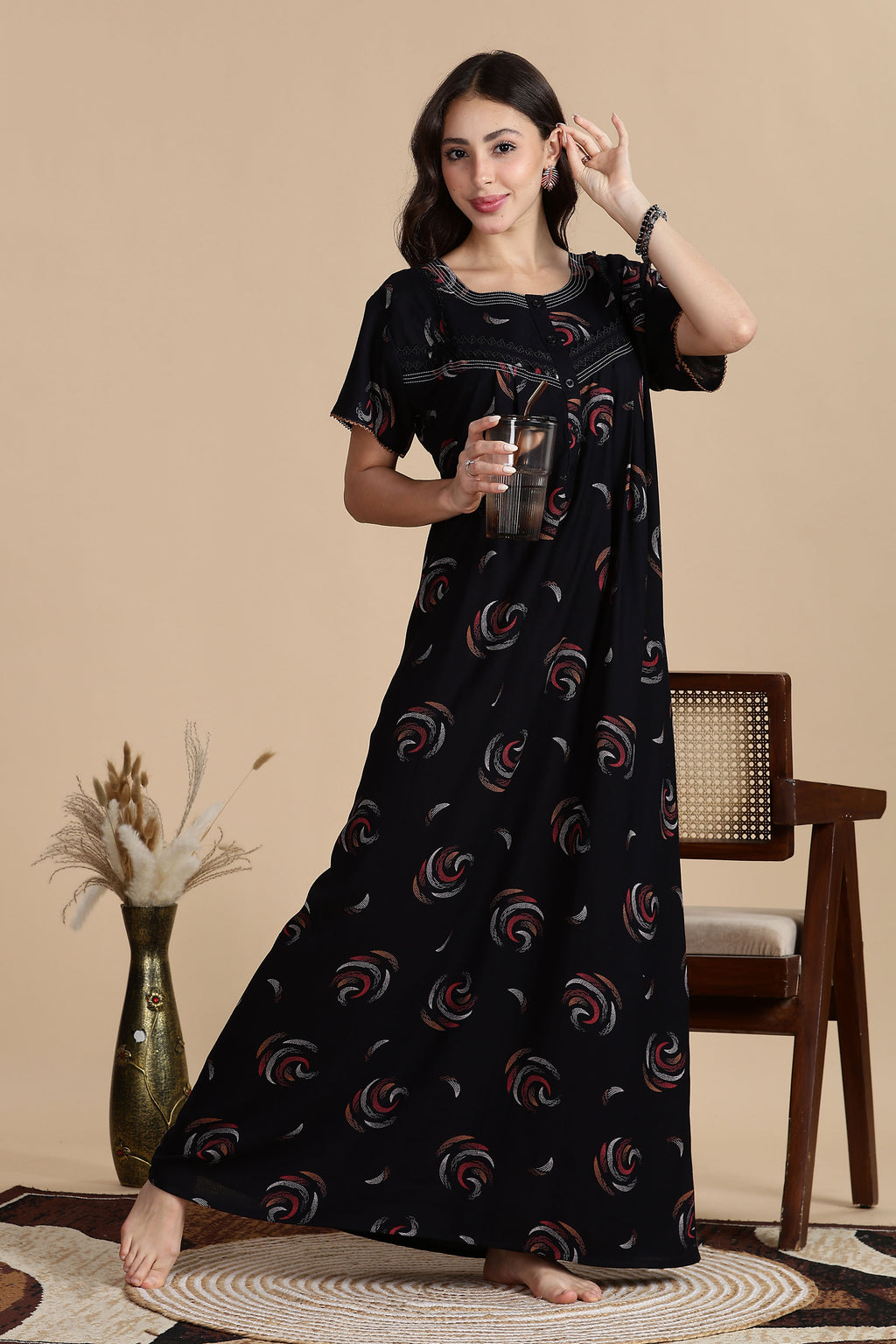 Women's Alpine Front Open and Side Pocket Maxi Nighty Nightdress