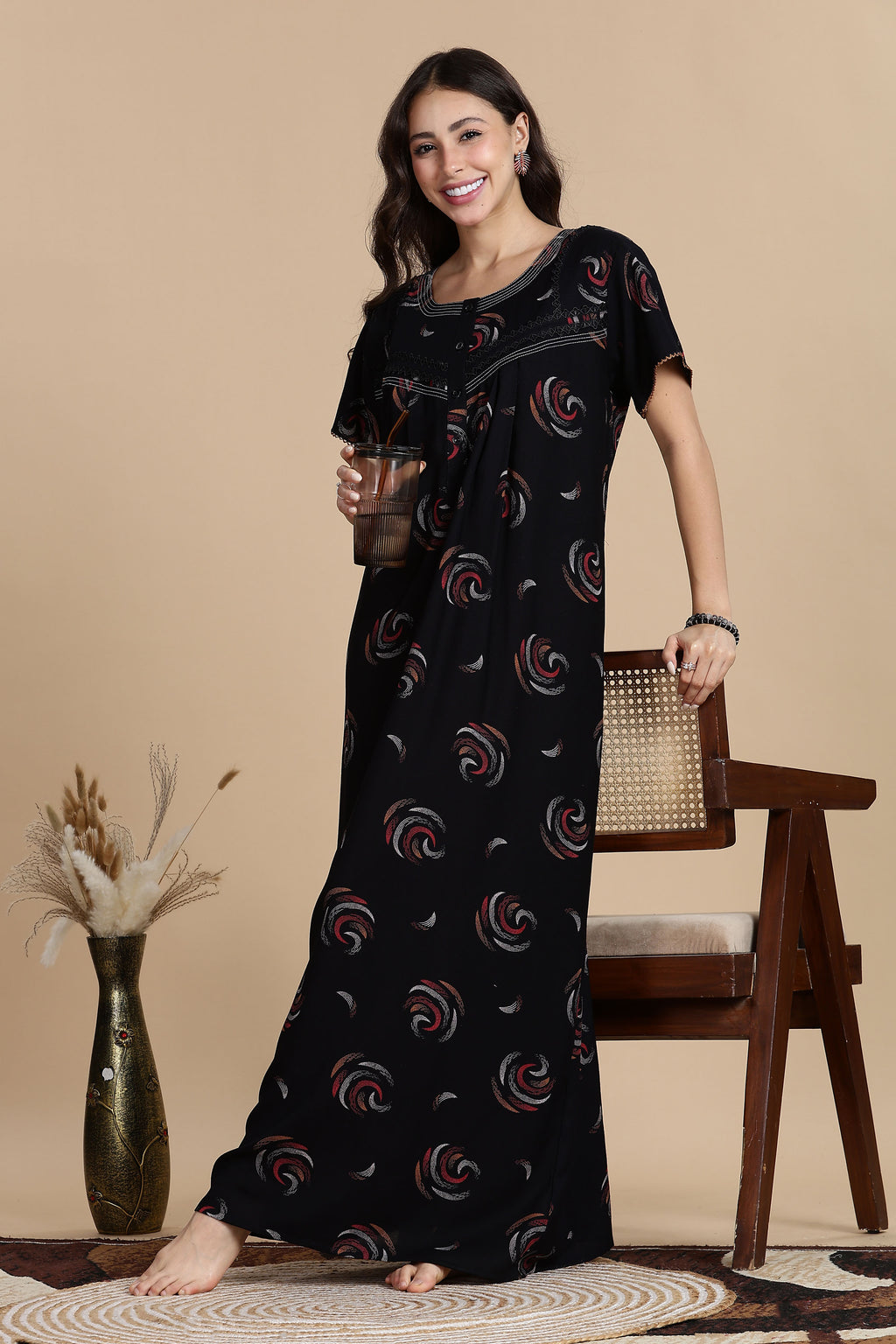 Women's Alpine Front Open and Side Pocket Maxi Nighty Nightdress