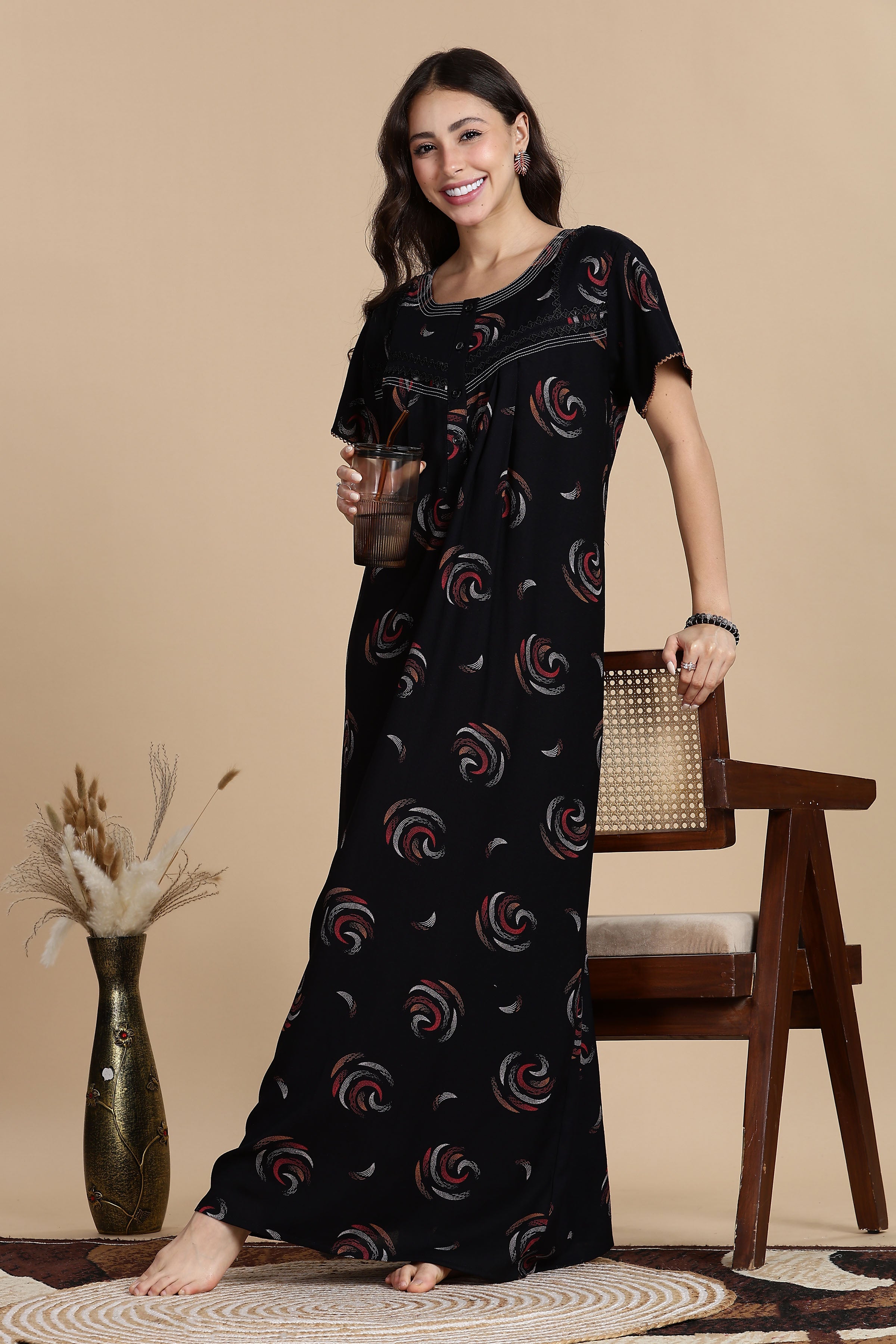 Women's Alpine Front Open and Side Pocket Maxi Nighty Nightdress