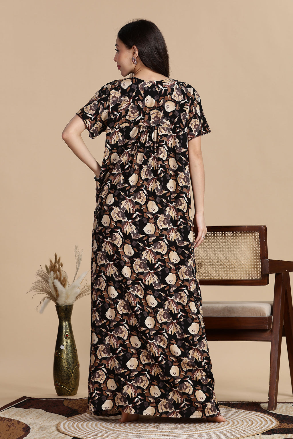 Women's Rayon Front Open and Side Pocket Maxi Nighty Nightdress