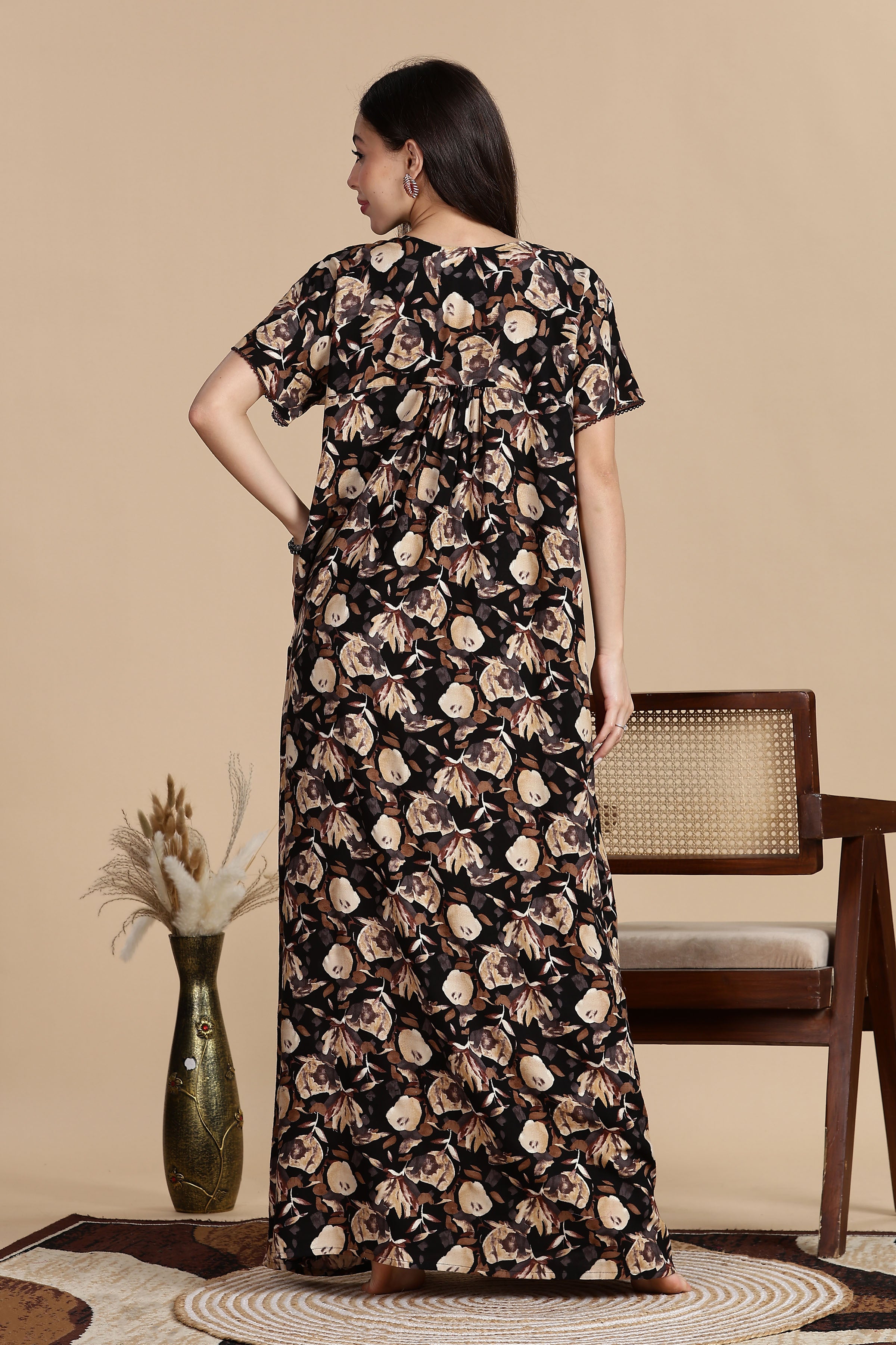 Women's Rayon Front Open and Side Pocket Maxi Nighty Nightdress