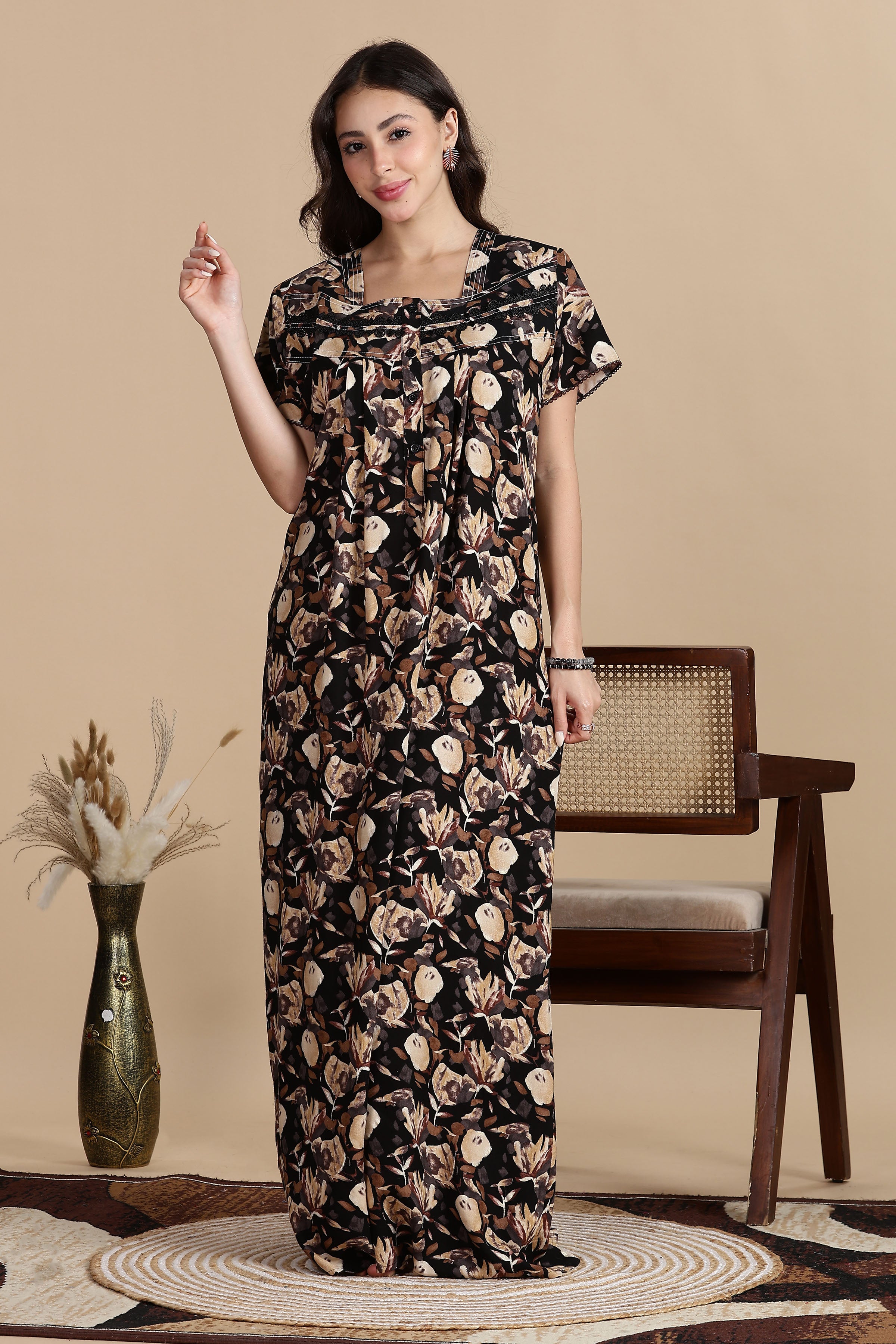 Women's Rayon Front Open and Side Pocket Maxi Nighty Nightdress