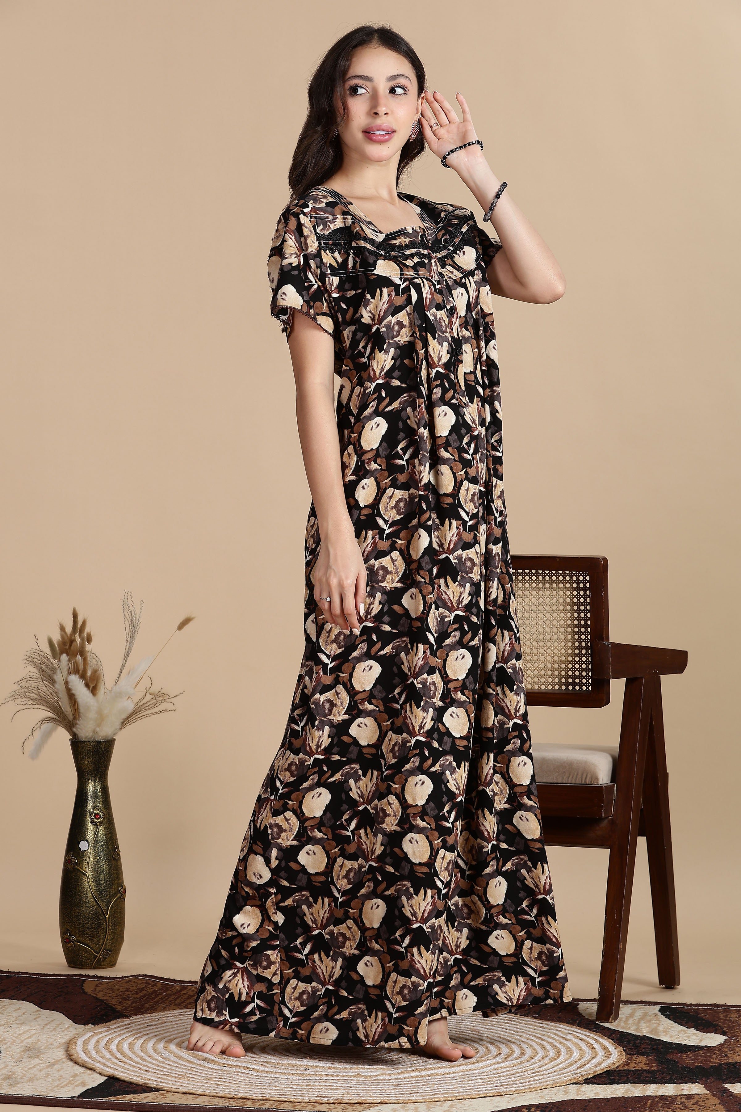 Women's Rayon Front Open and Side Pocket Maxi Nighty Nightdress