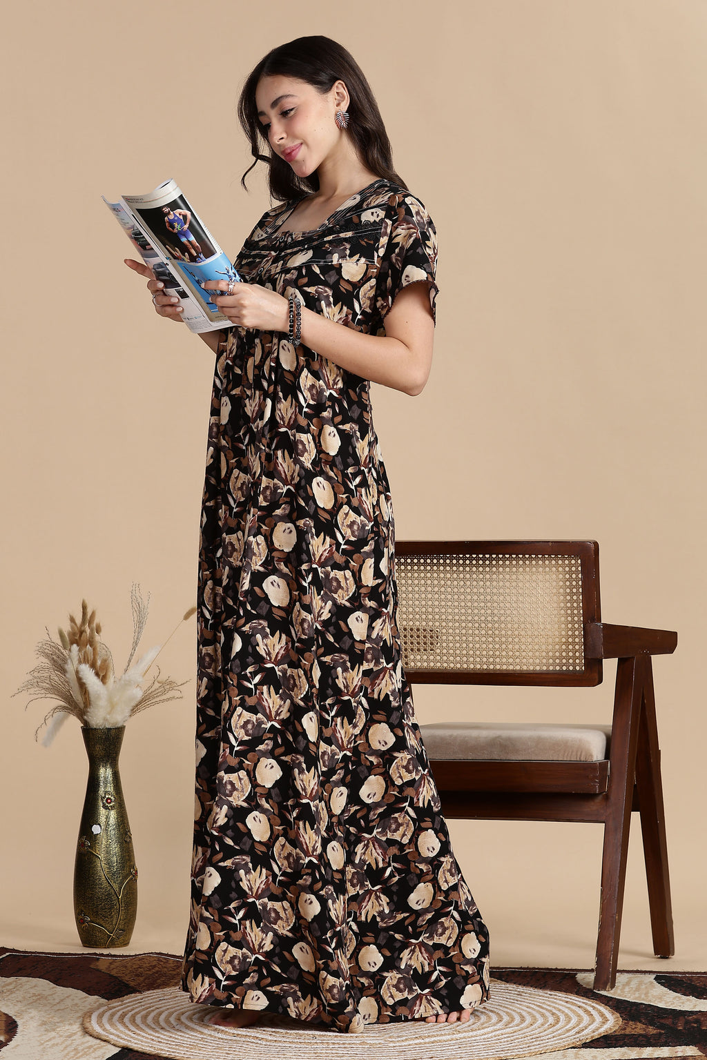 Women's Rayon Front Open and Side Pocket Maxi Nighty Nightdress