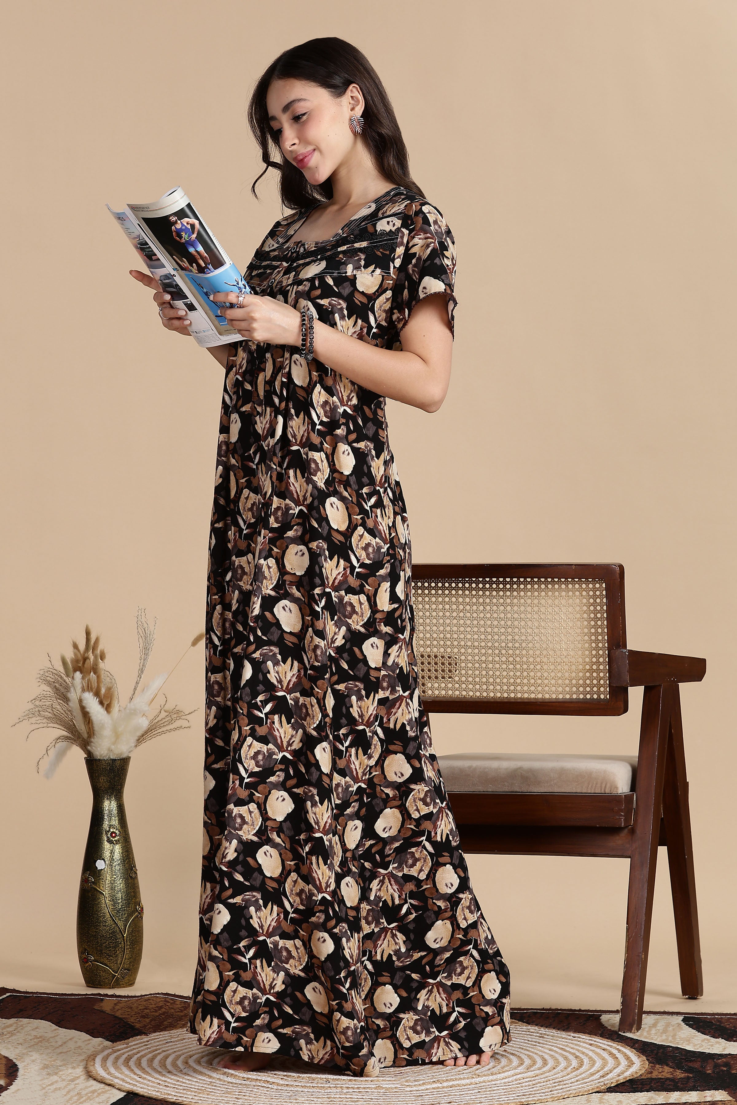 Women's Rayon Front Open and Side Pocket Maxi Nighty Nightdress