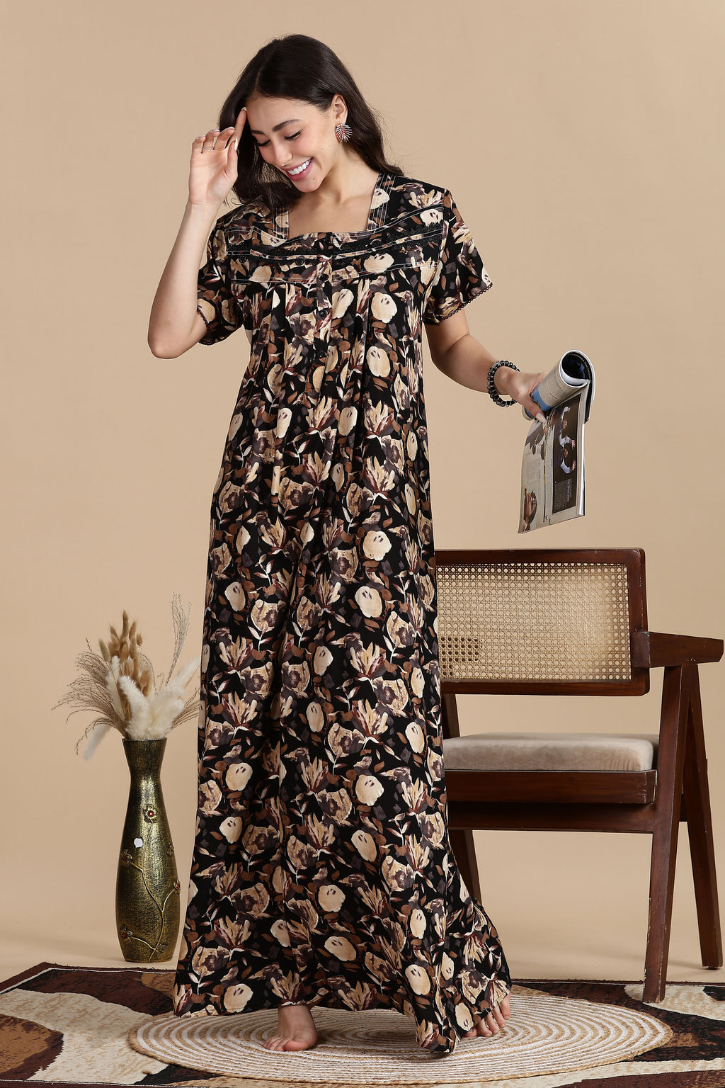Women's Rayon Front Open and Side Pocket Maxi Nighty Nightdress