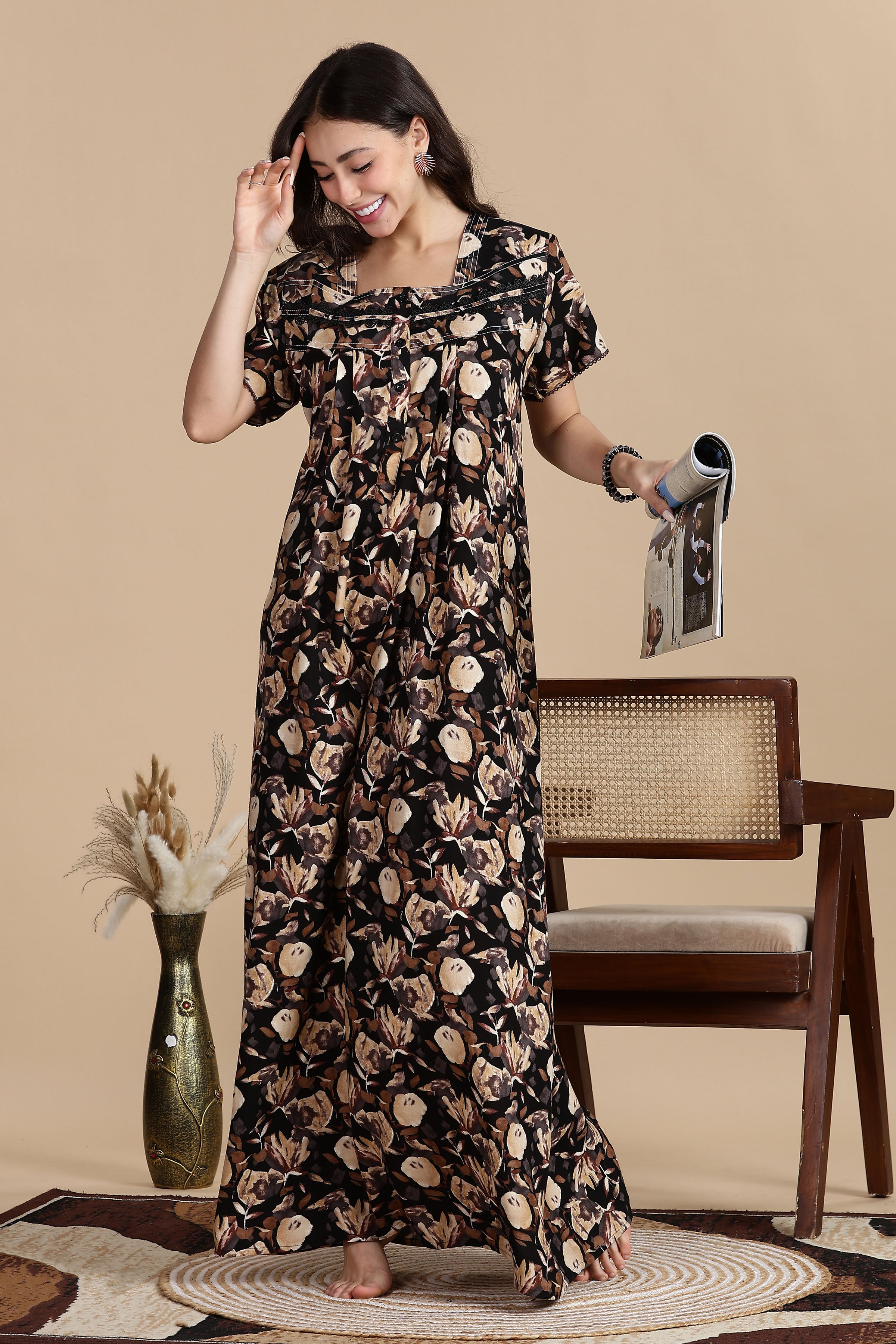 Women's Rayon Front Open and Side Pocket Maxi Nighty Nightdress