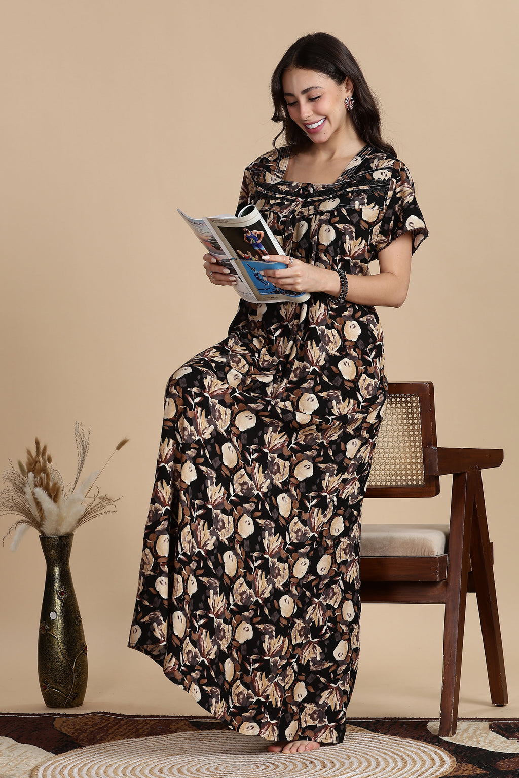 Women's Rayon Front Open and Side Pocket Maxi Nighty Nightdress