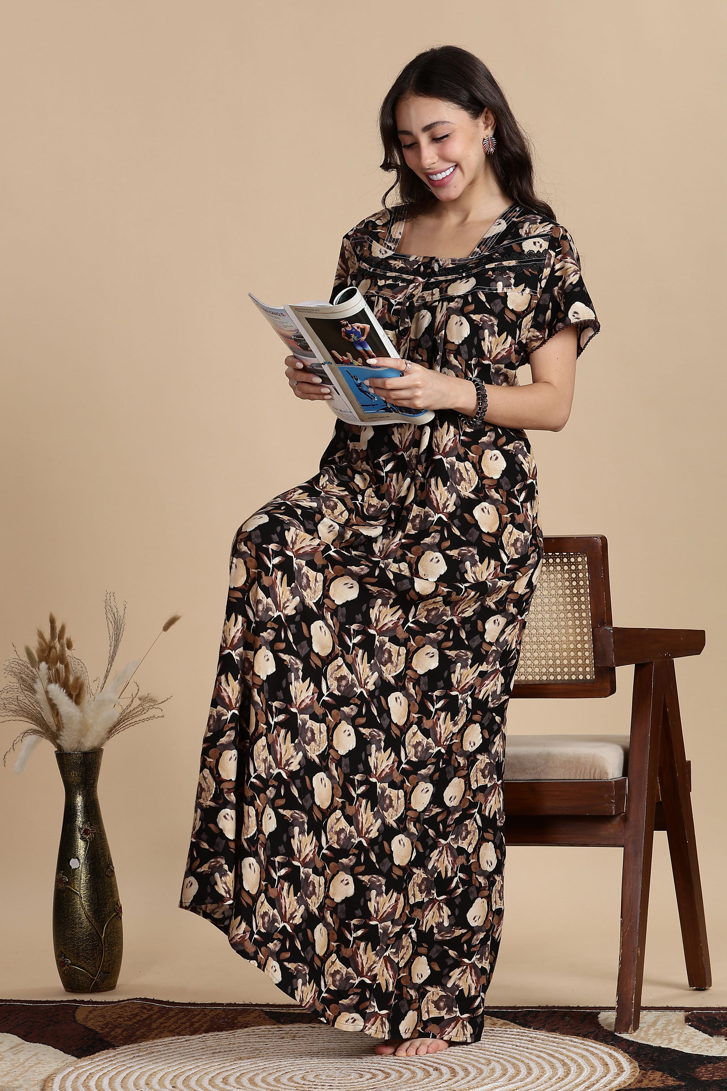 Women's Rayon Front Open and Side Pocket Maxi Nighty Nightdress