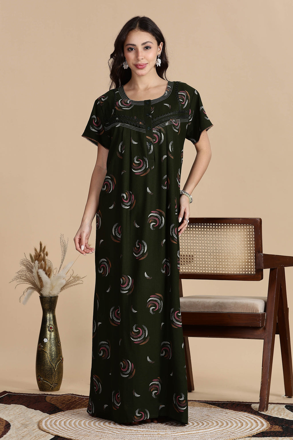 Women's Alpine Front Open and Side Pocket Maxi Nighty Nightdress