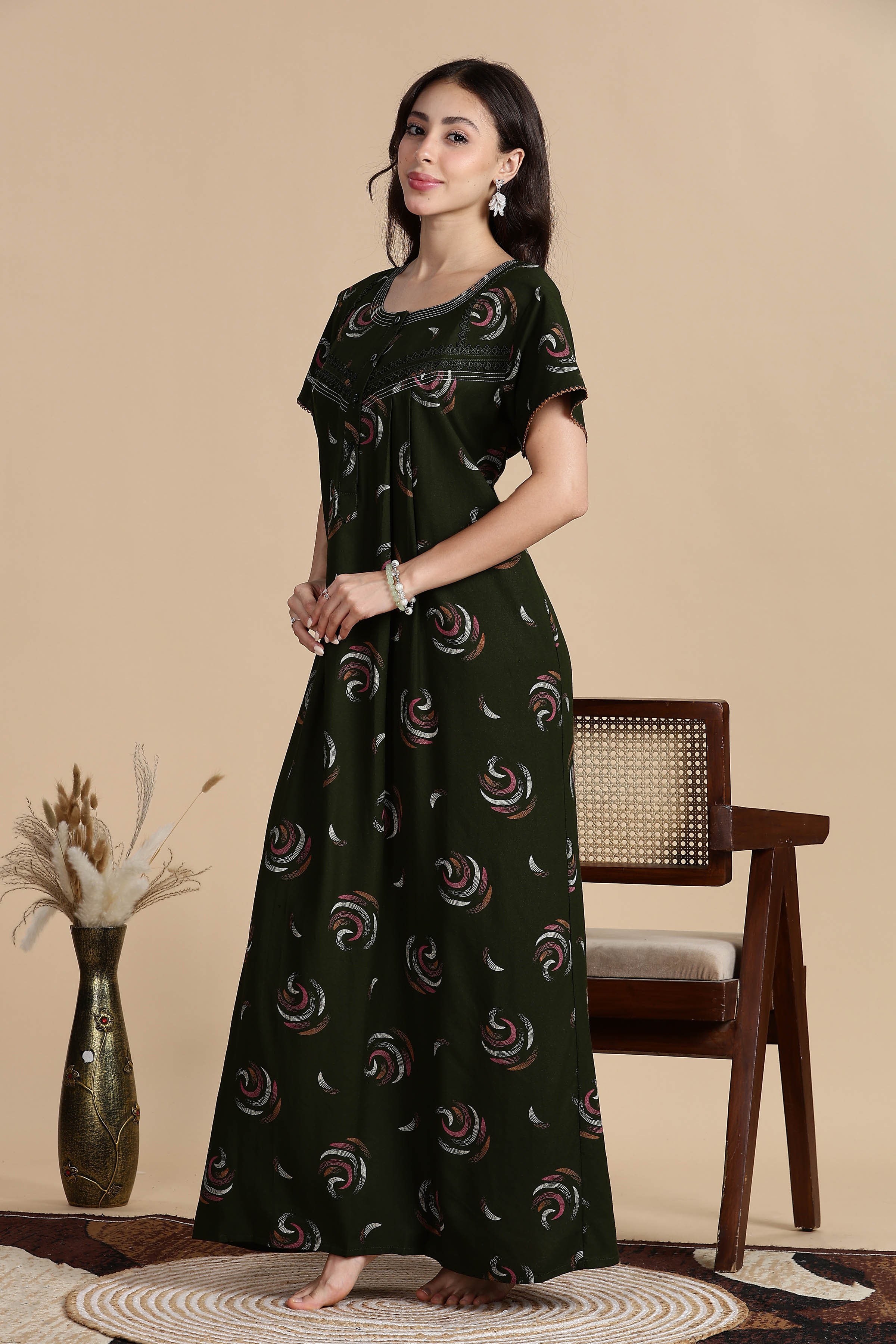 Women's Alpine Front Open and Side Pocket Maxi Nighty Nightdress