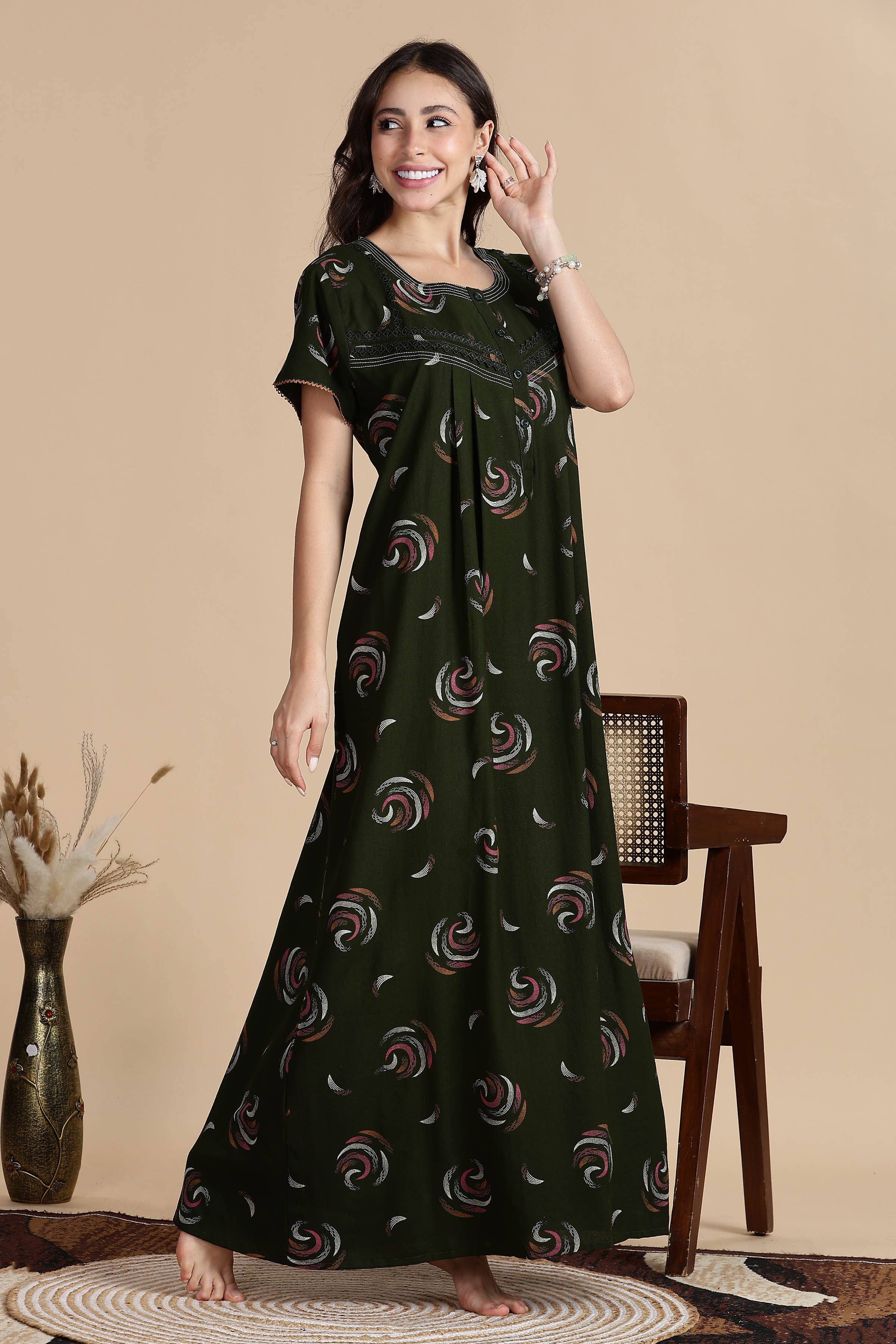Women's Alpine Front Open and Side Pocket Maxi Nighty Nightdress