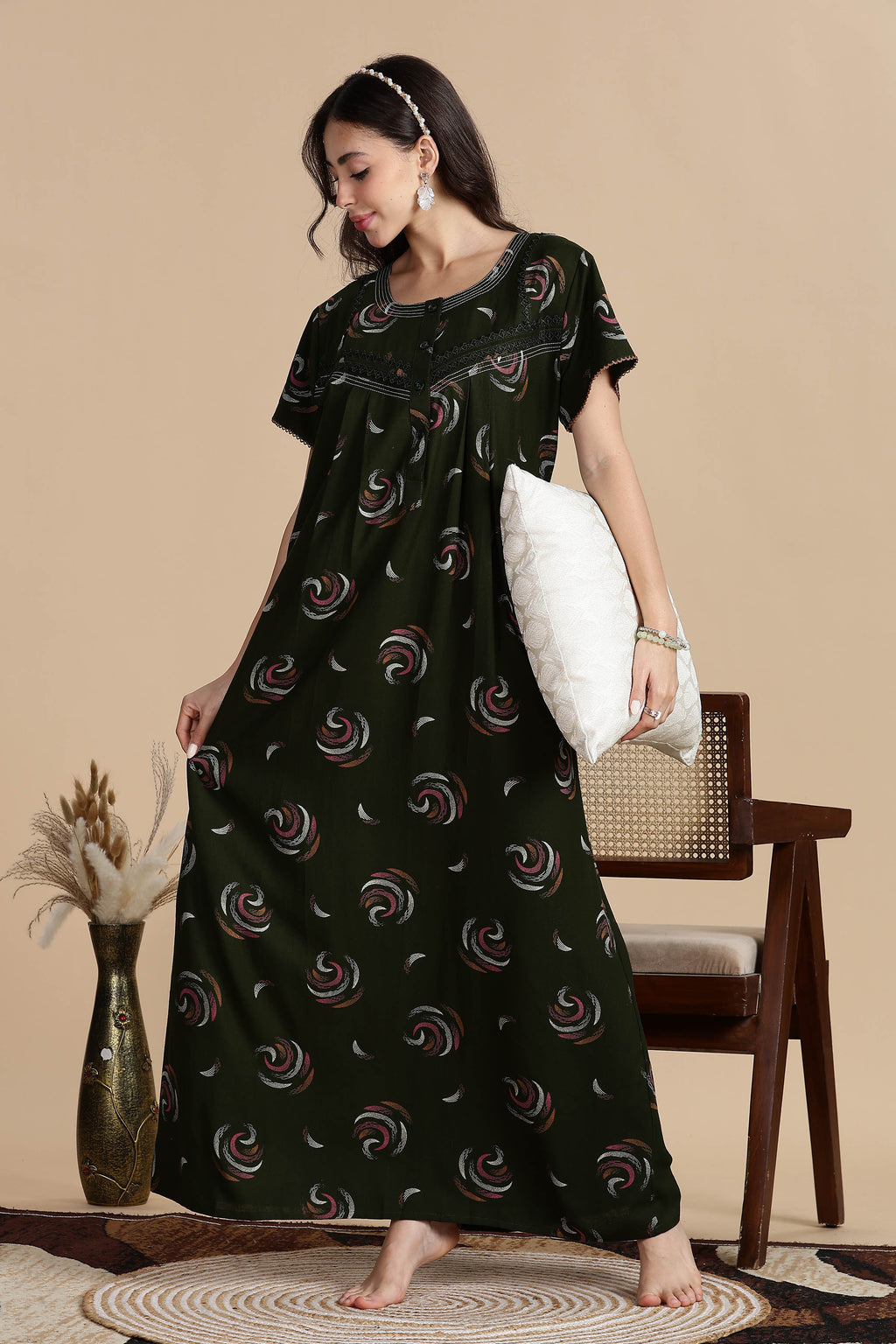 Women's Alpine Front Open and Side Pocket Maxi Nighty Nightdress