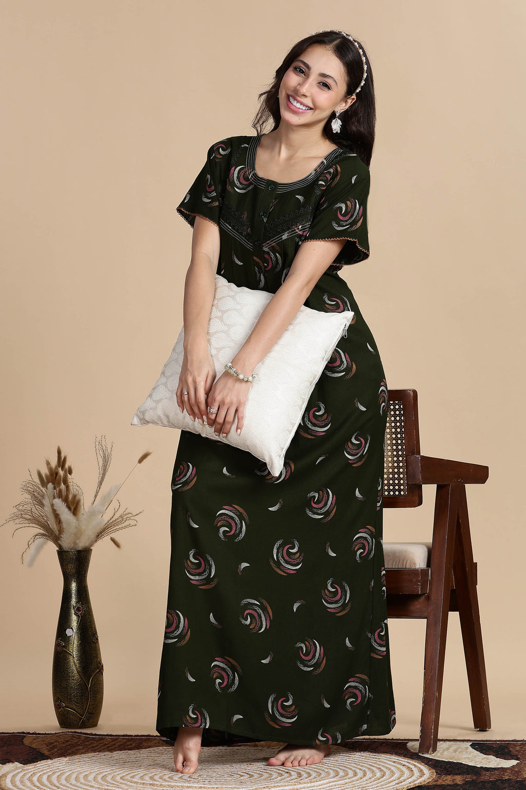 Women's Alpine Front Open and Side Pocket Maxi Nighty Nightdress