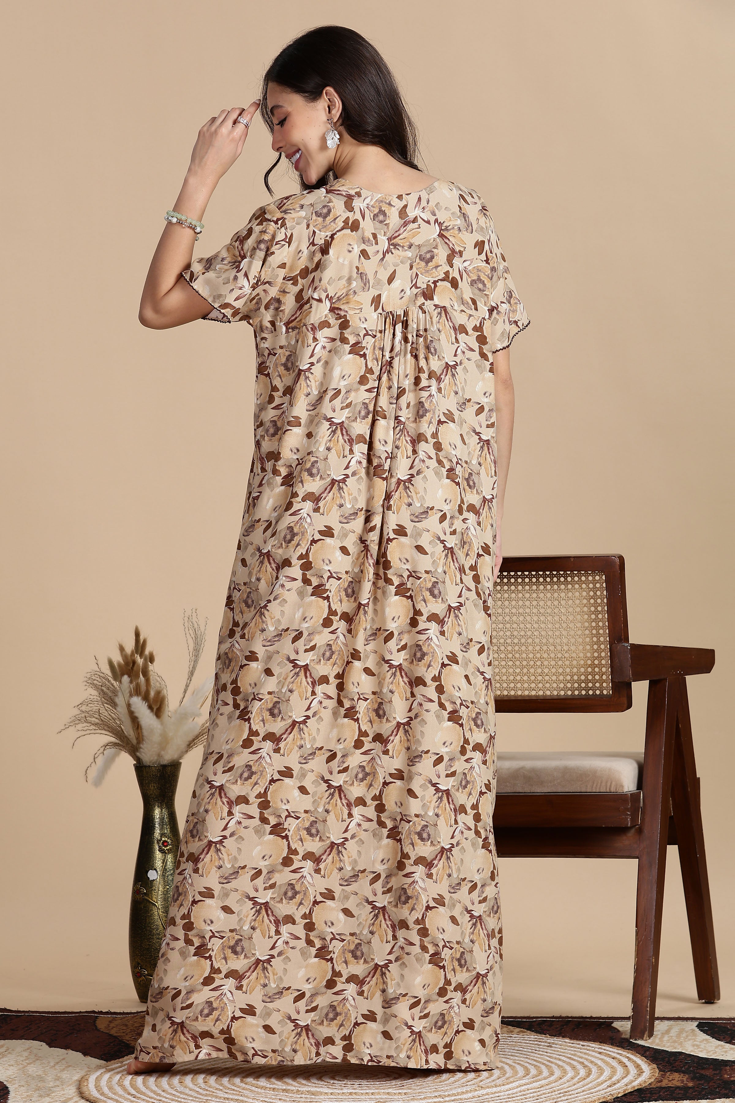 Women's Rayon Front Open and Side Pocket Maxi Nighty Nightdress