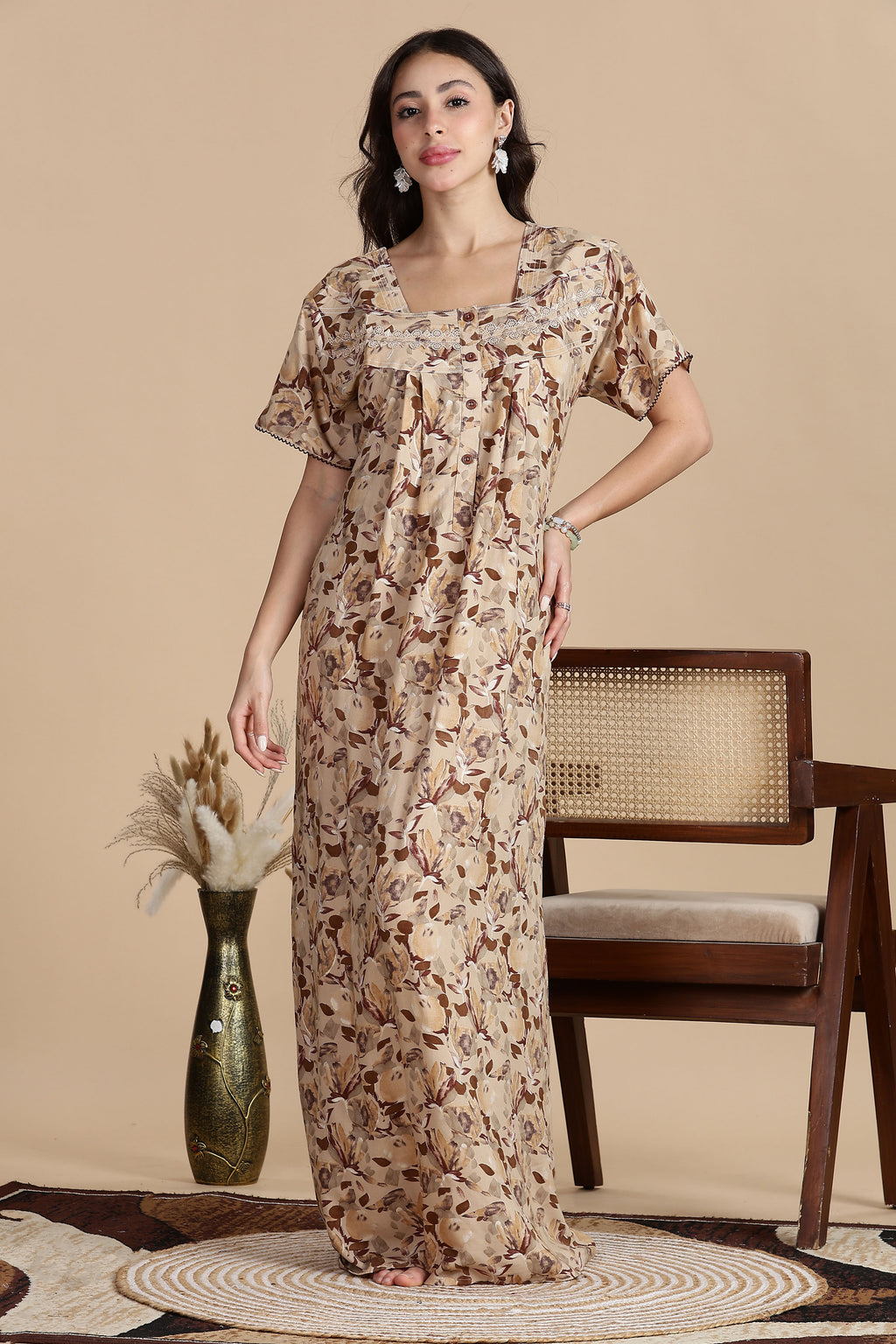 Women's Rayon Front Open and Side Pocket Maxi Nighty Nightdress