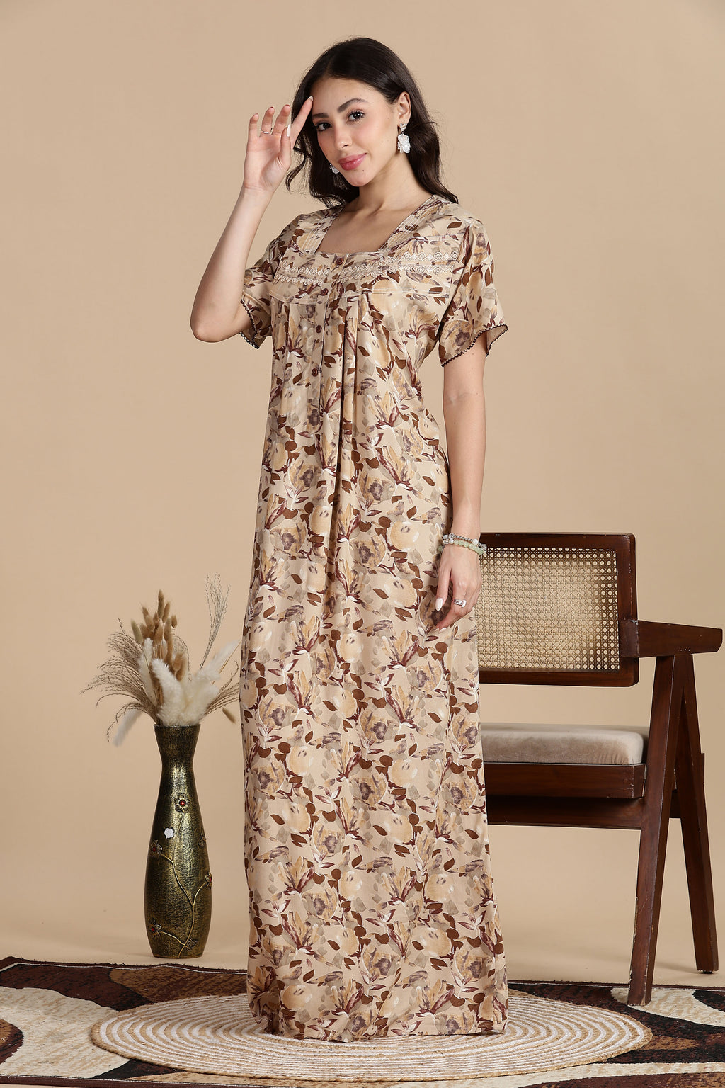 Women's Rayon Front Open and Side Pocket Maxi Nighty Nightdress