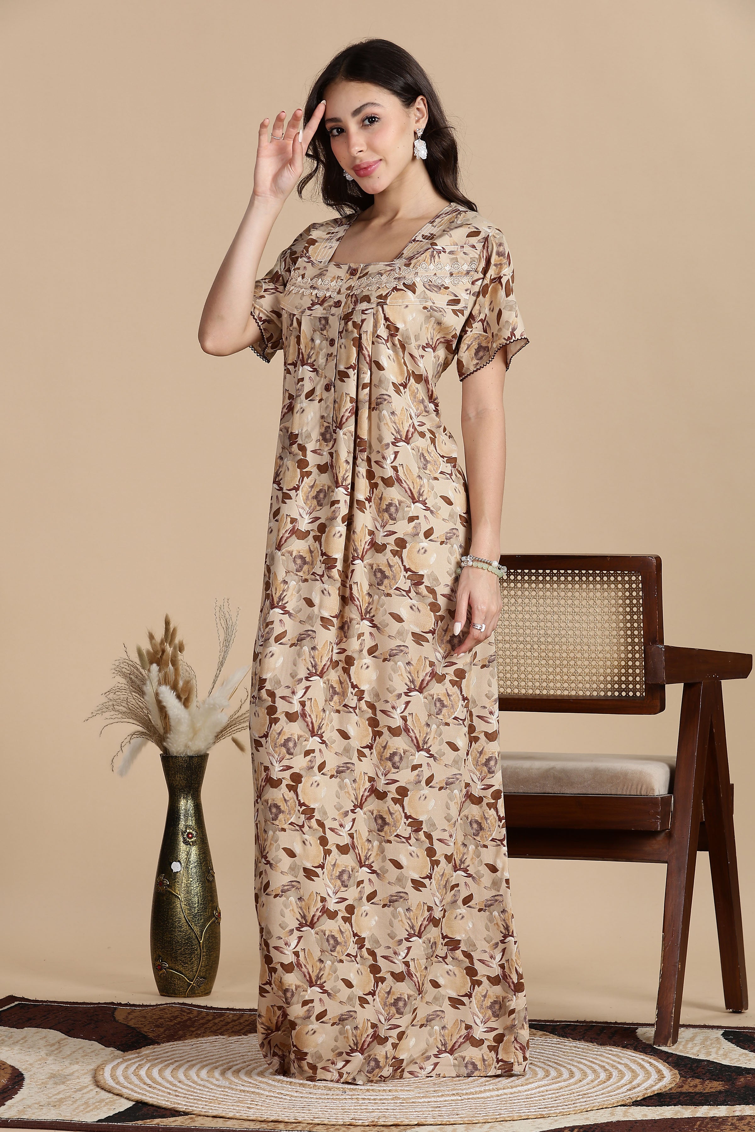 Women's Rayon Front Open and Side Pocket Maxi Nighty Nightdress