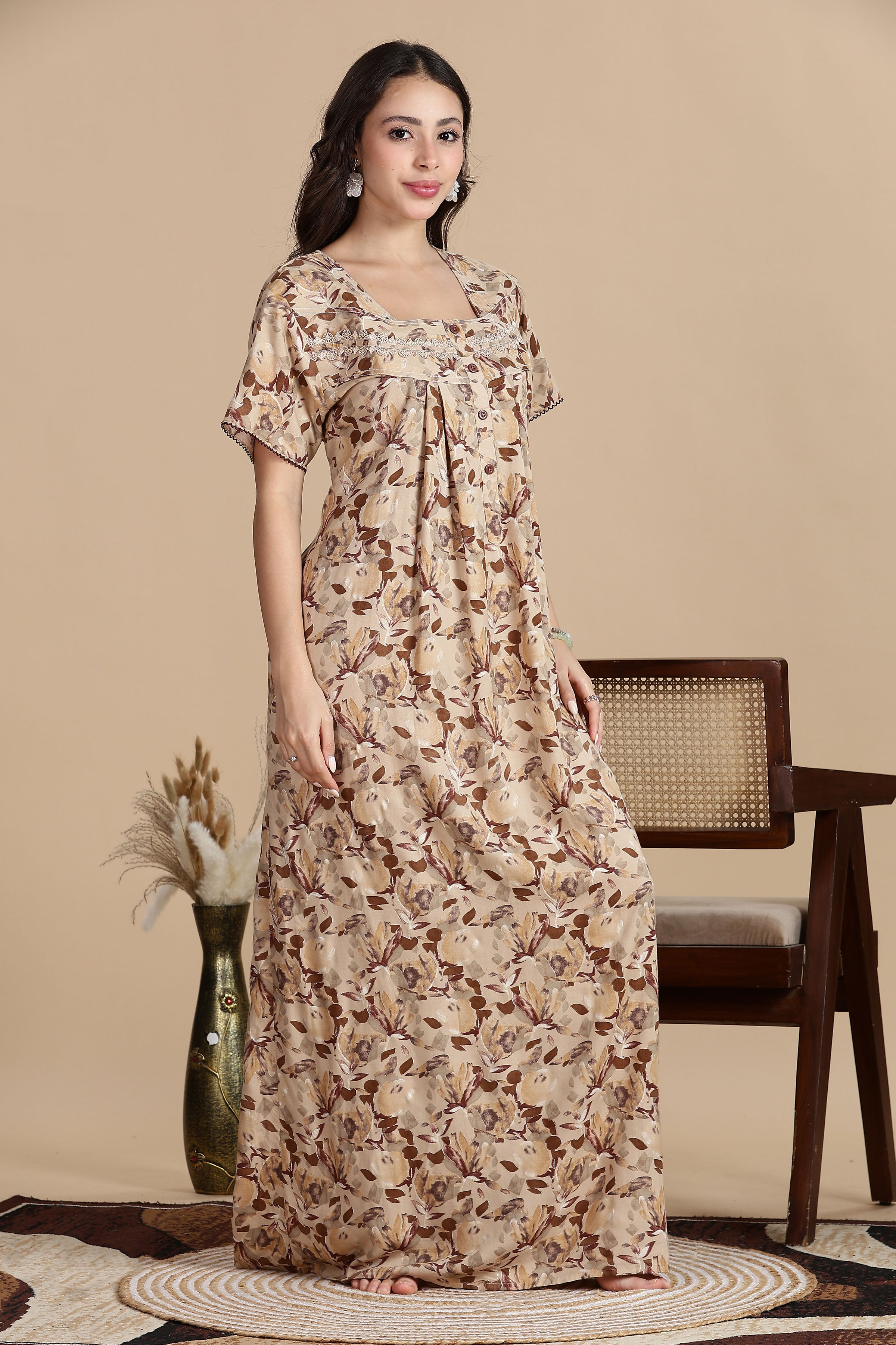 Women's Rayon Front Open and Side Pocket Maxi Nighty Nightdress