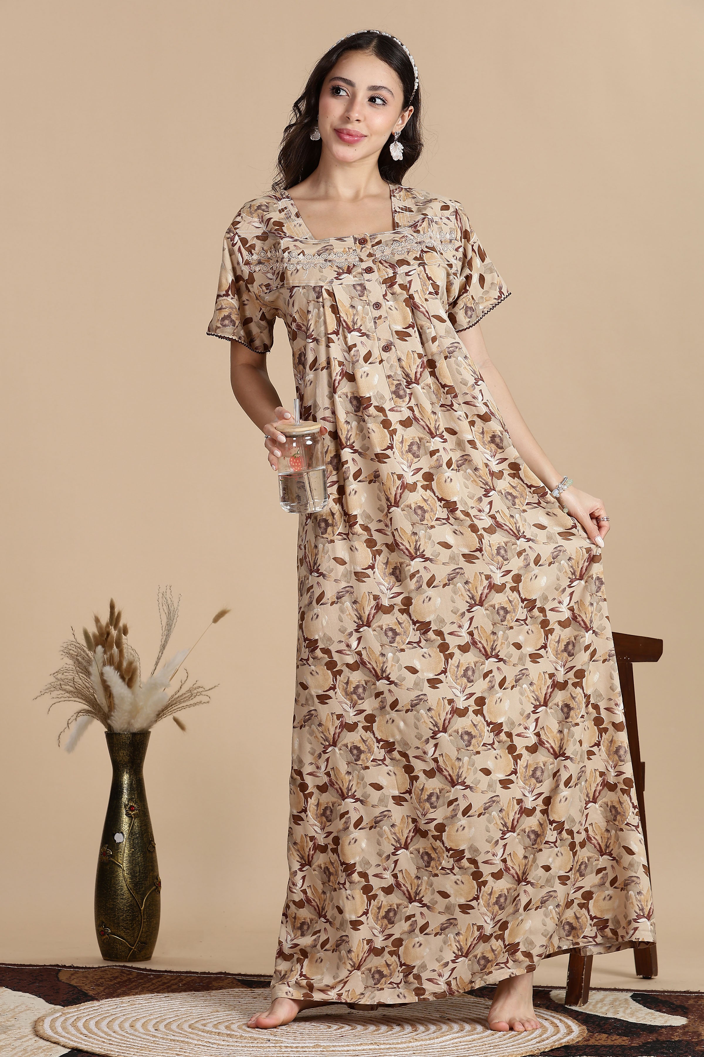 Women's Rayon Front Open and Side Pocket Maxi Nighty Nightdress