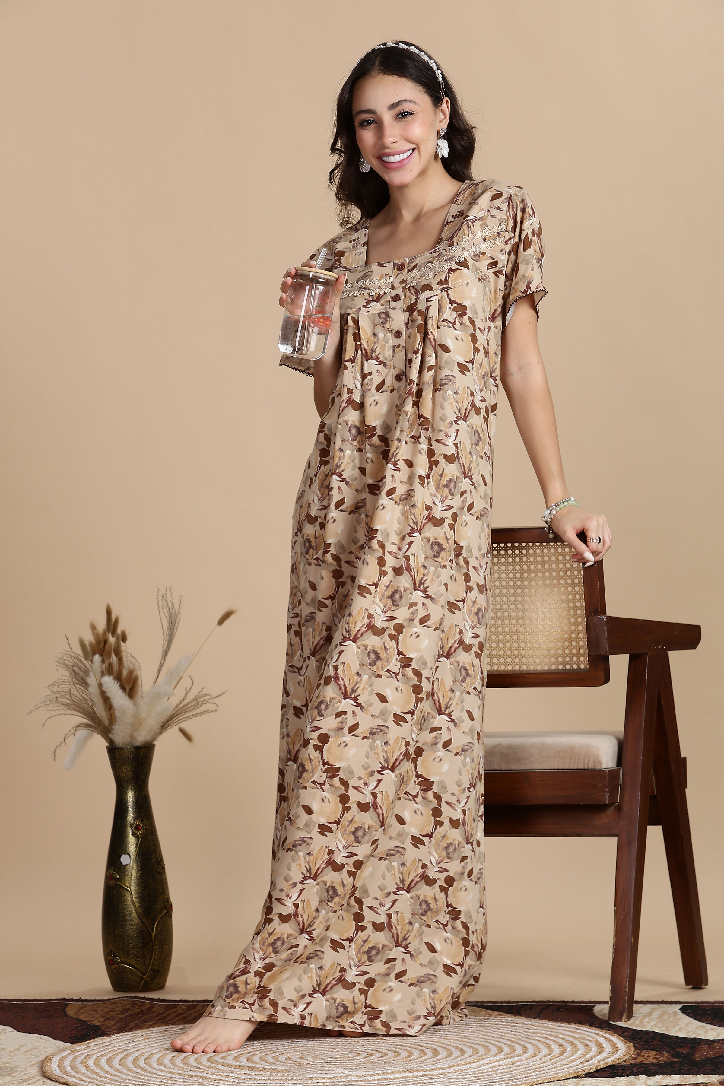 Women's Rayon Front Open and Side Pocket Maxi Nighty Nightdress