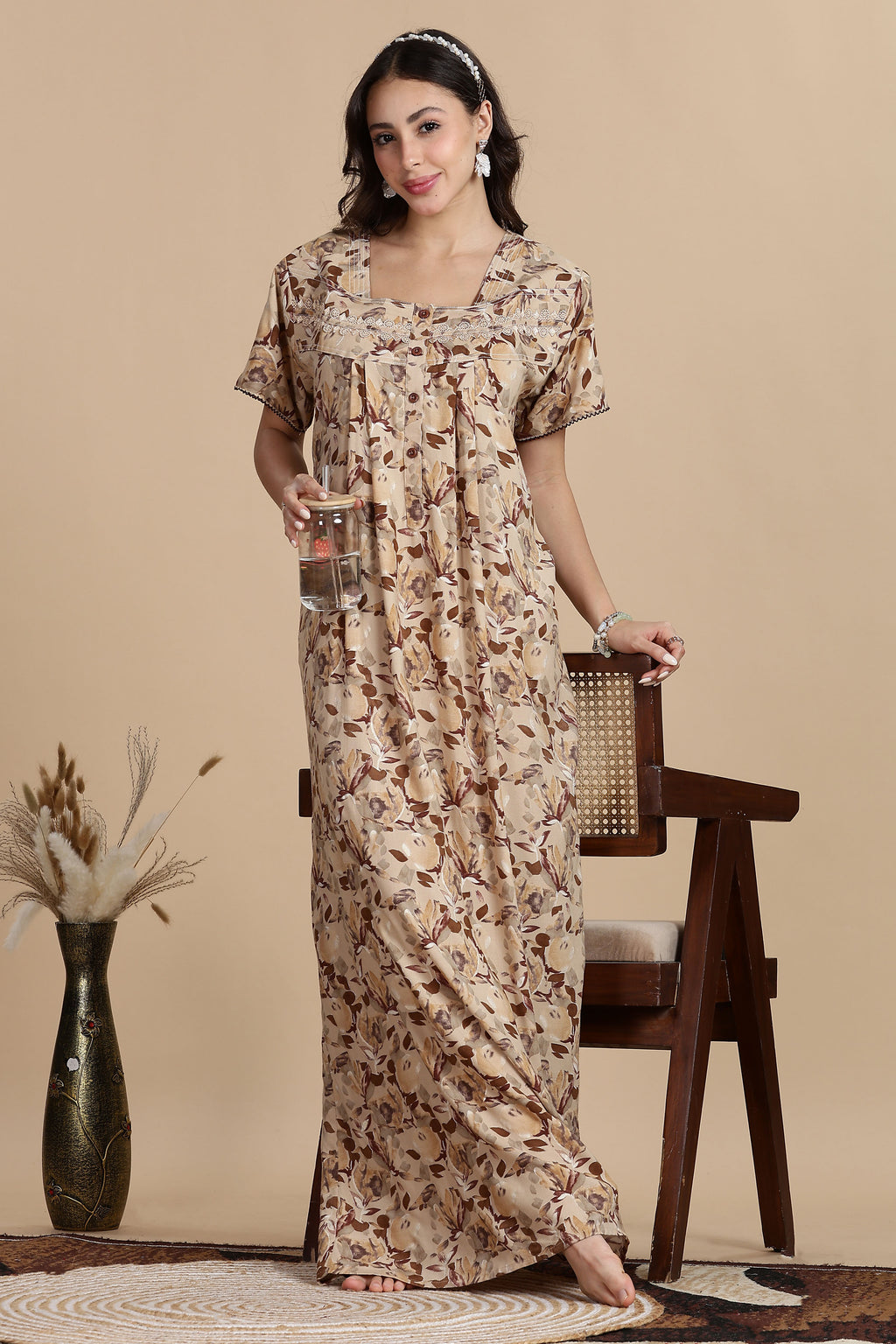 Women's Rayon Front Open and Side Pocket Maxi Nighty Nightdress