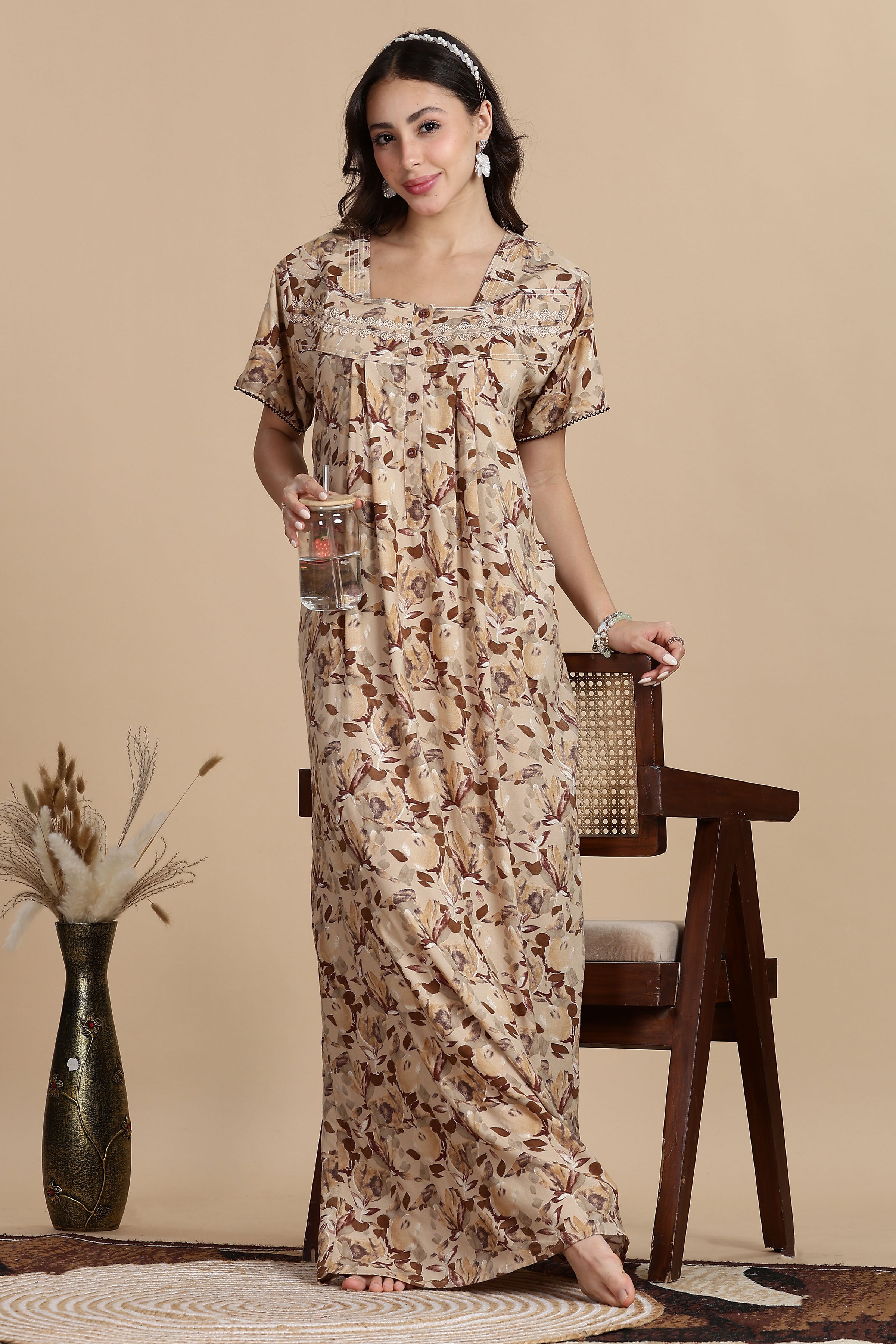 Women's Rayon Front Open and Side Pocket Maxi Nighty Nightdress