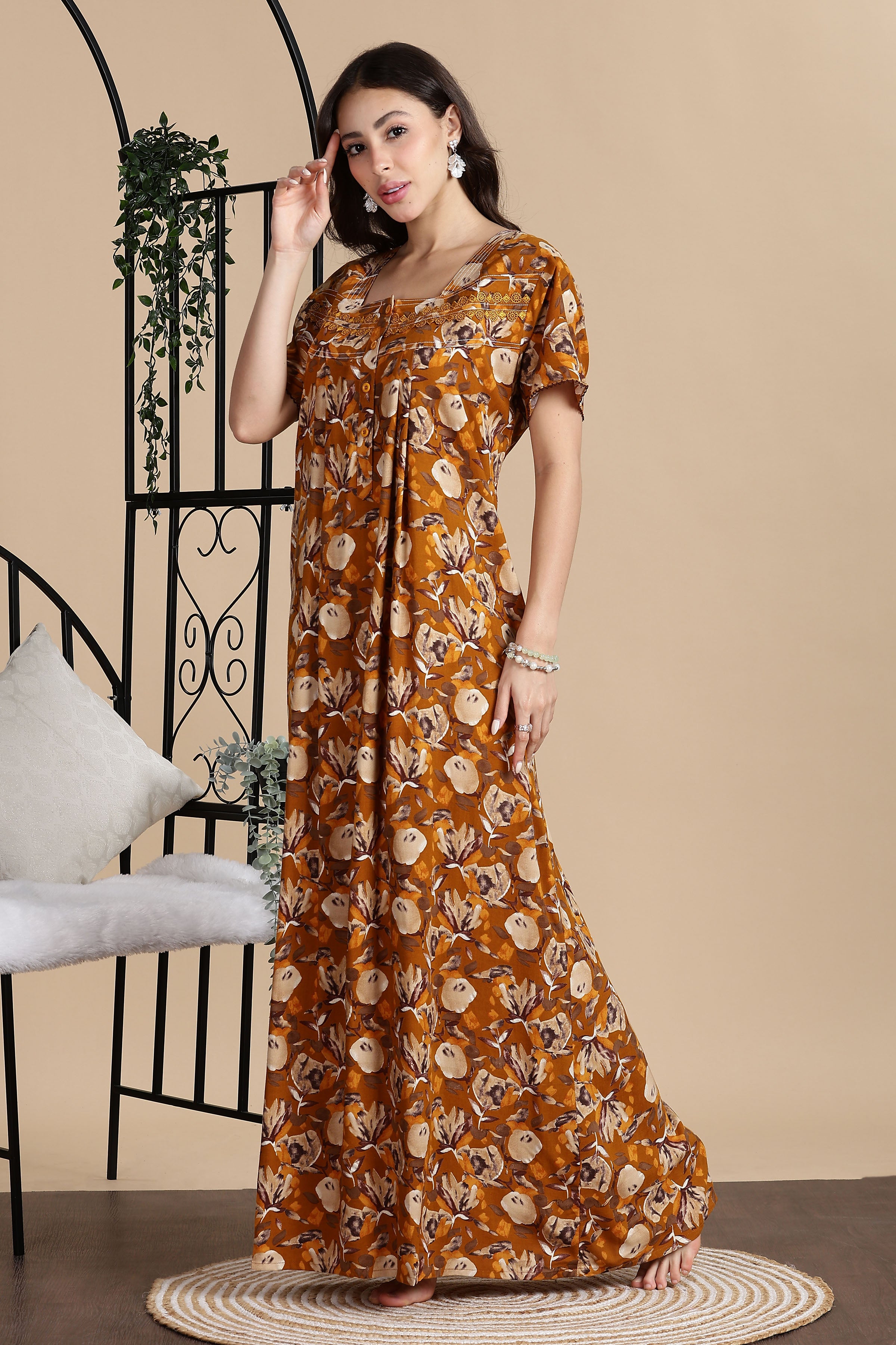Women's Rayon Front Open and Side Pocket Maxi Nighty Nightdress