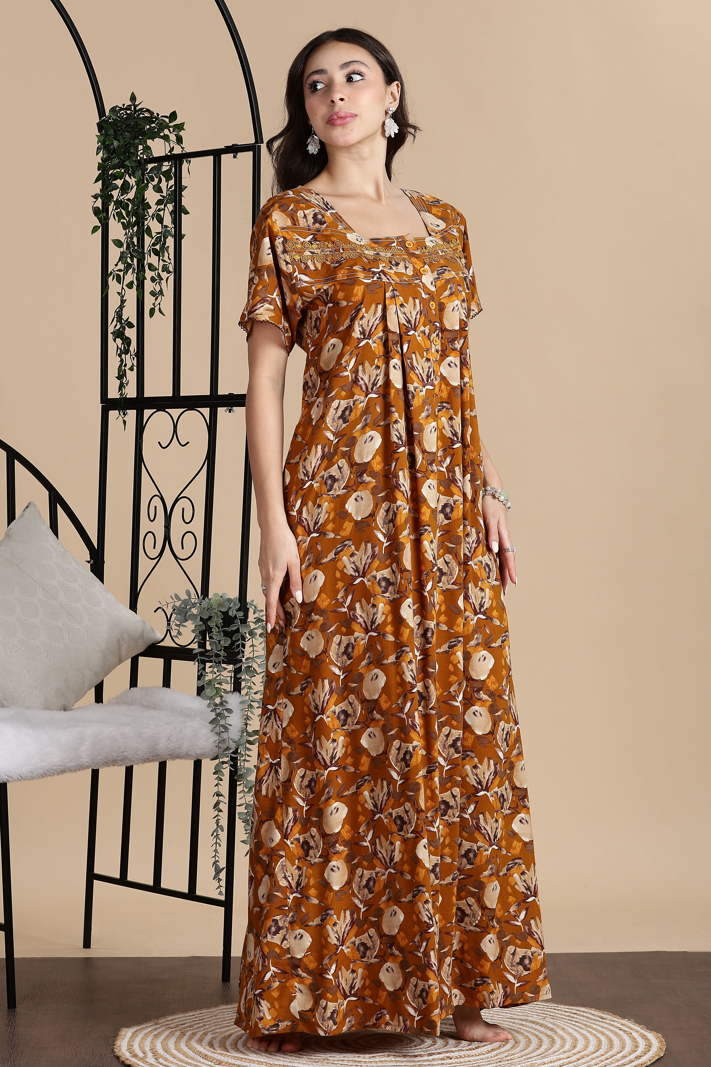 Women's Rayon Front Open and Side Pocket Maxi Nighty Nightdress