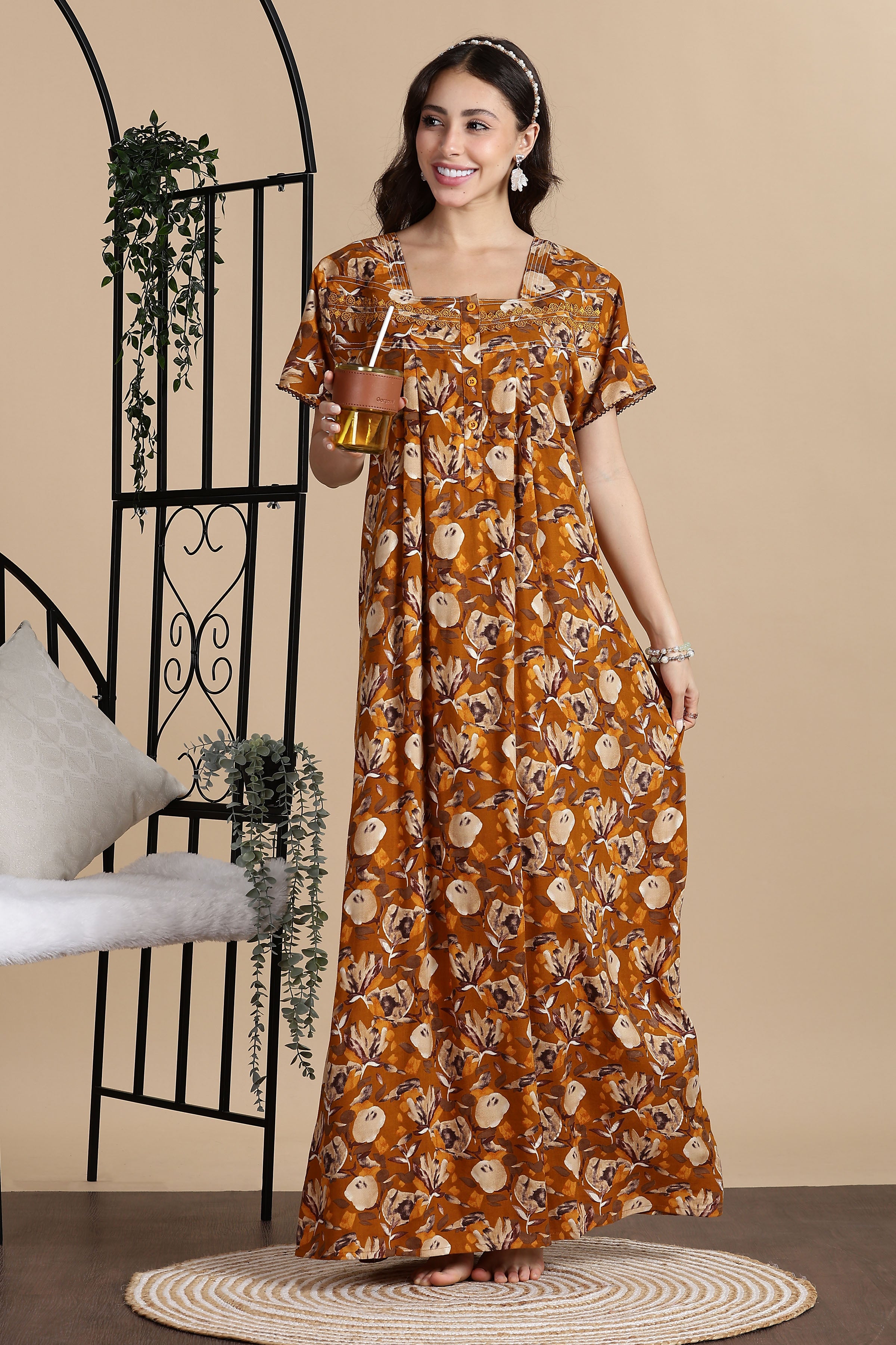 Women's Rayon Front Open and Side Pocket Maxi Nighty Nightdress
