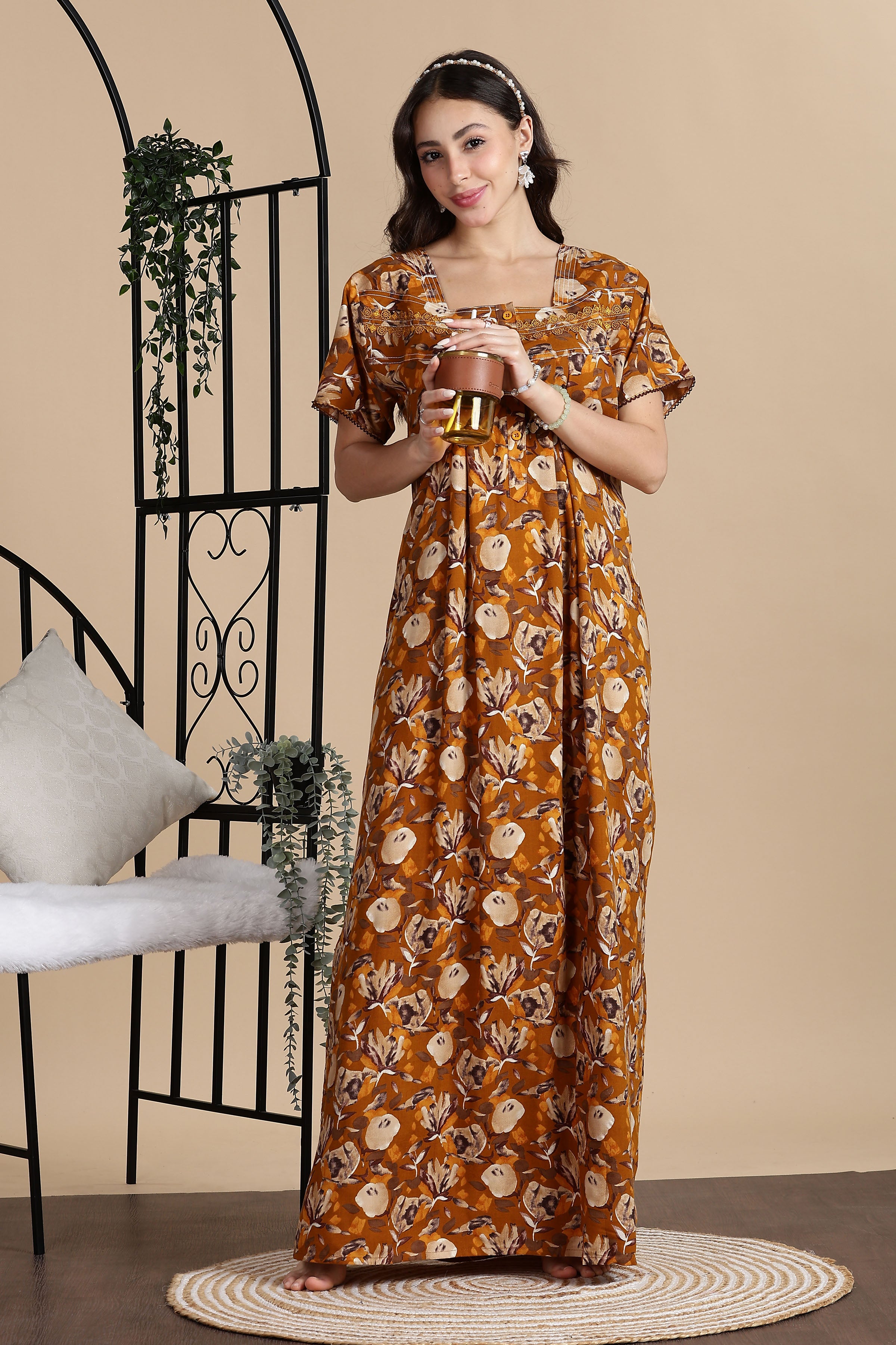 Women's Rayon Front Open and Side Pocket Maxi Nighty Nightdress