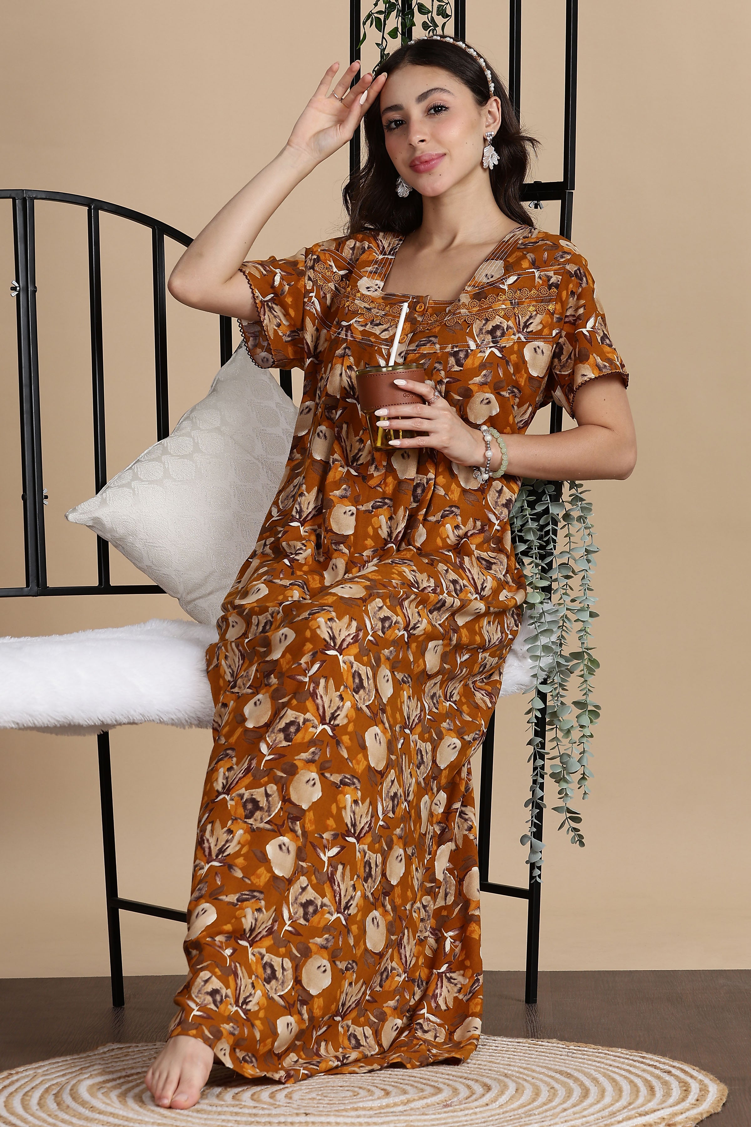 Women's Rayon Front Open and Side Pocket Maxi Nighty Nightdress