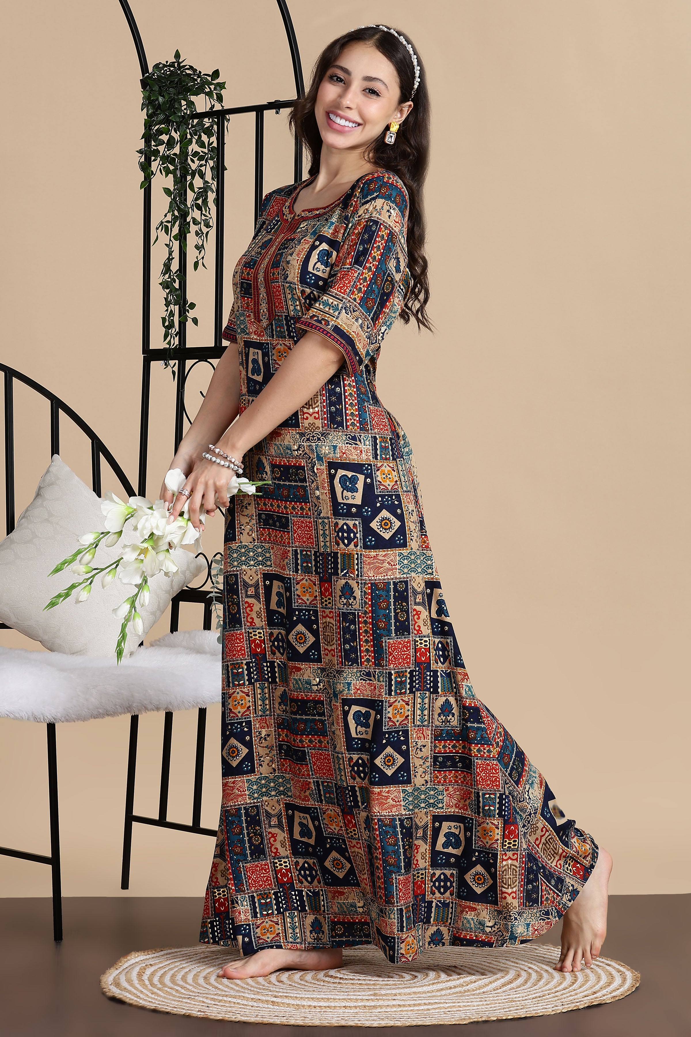 Women's Rayon Side Pocket Maxi Nighty Nightdress