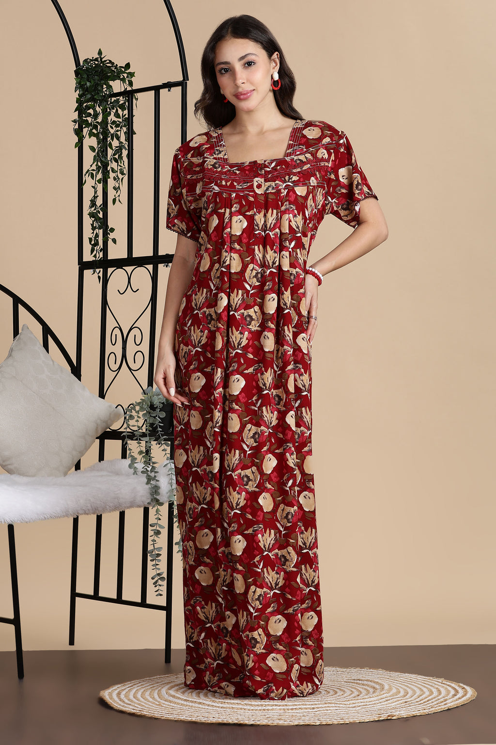 Women's Rayon Front Open and Side Pocket Maxi Nighty Nightdress