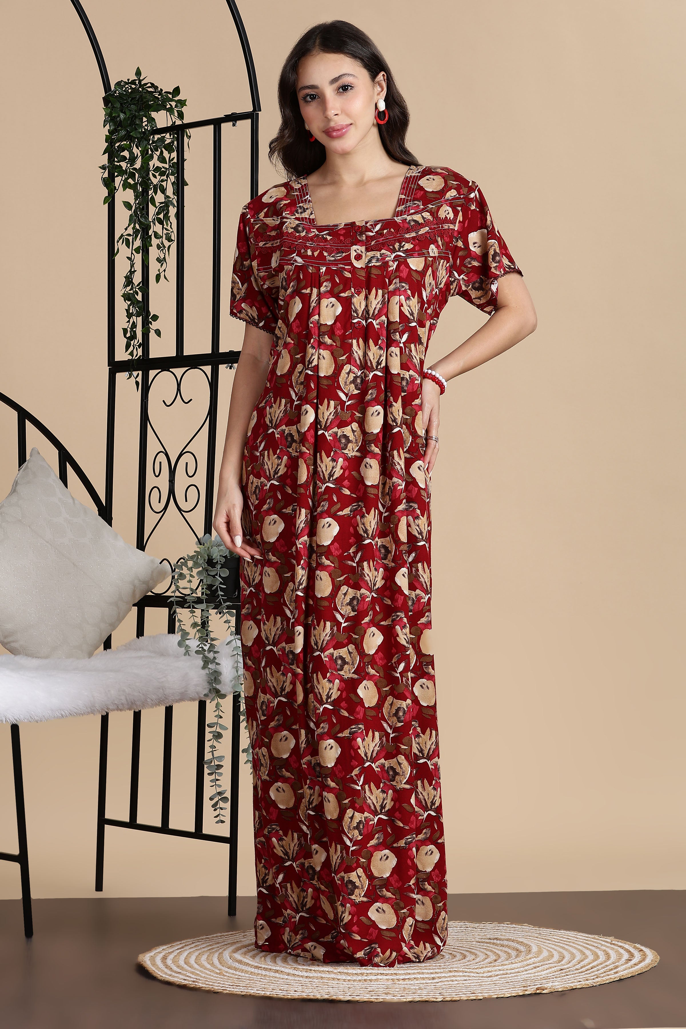 Women's Rayon Front Open and Side Pocket Maxi Nighty Nightdress
