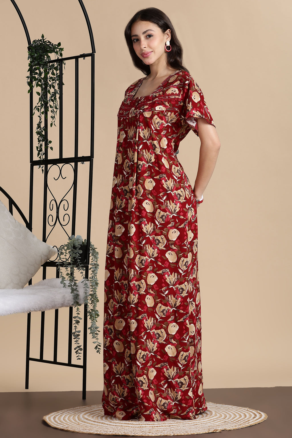 Women's Rayon Front Open and Side Pocket Maxi Nighty Nightdress