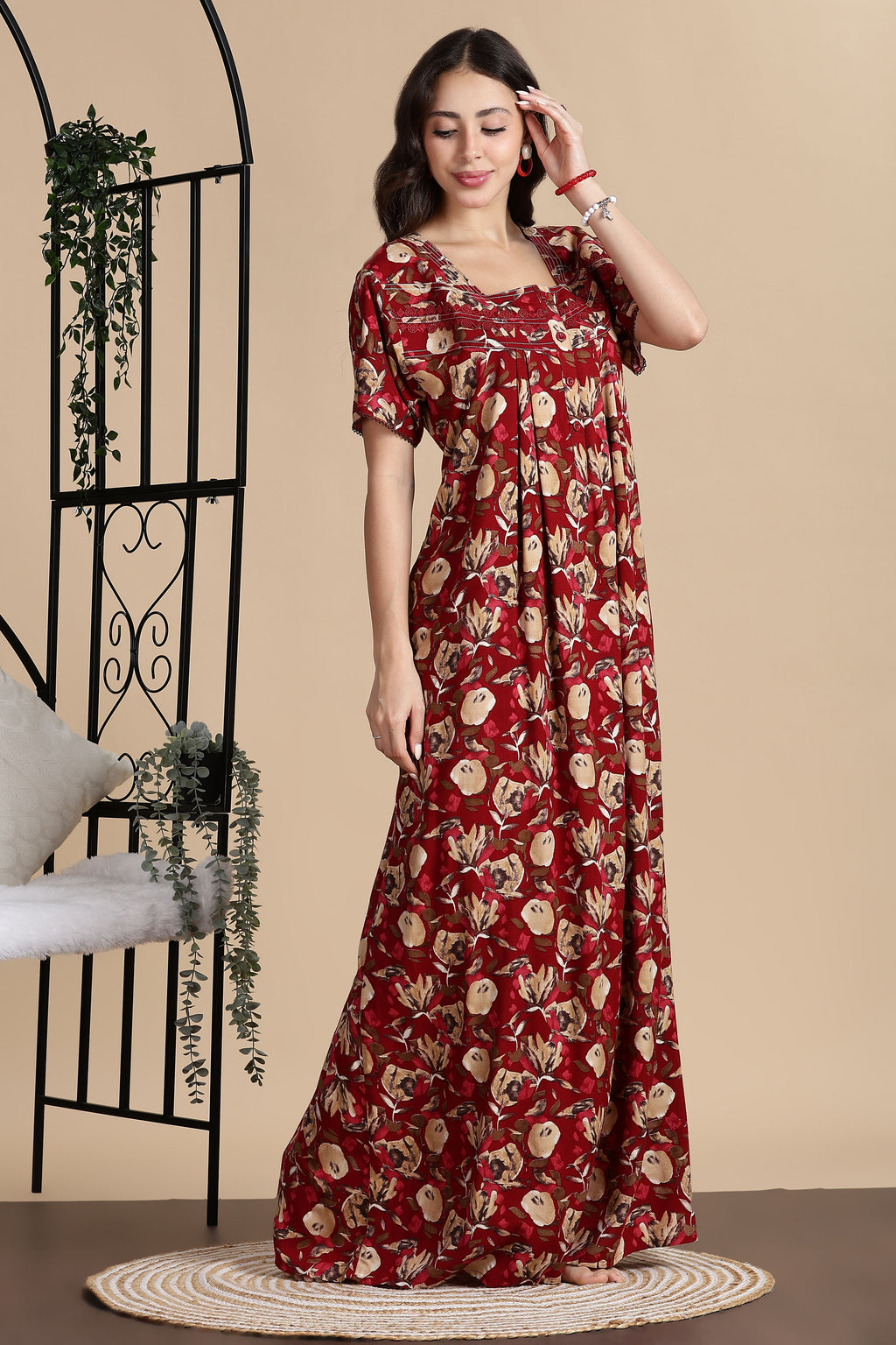 Women's Rayon Front Open and Side Pocket Maxi Nighty Nightdress