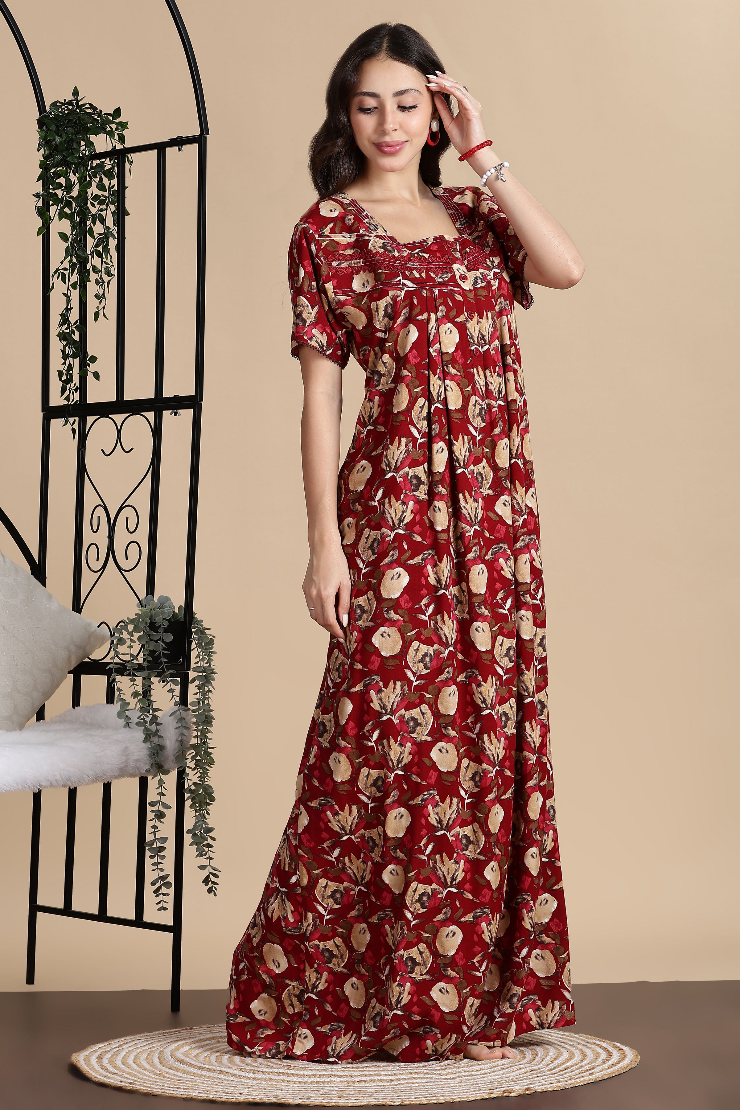 Women's Rayon Front Open and Side Pocket Maxi Nighty Nightdress