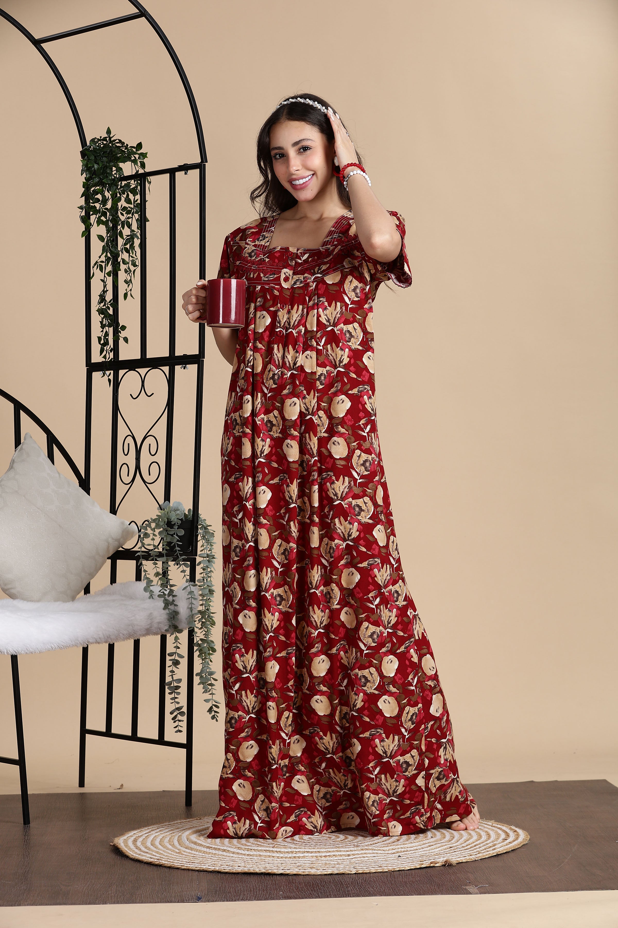 Women's Rayon Front Open and Side Pocket Maxi Nighty Nightdress
