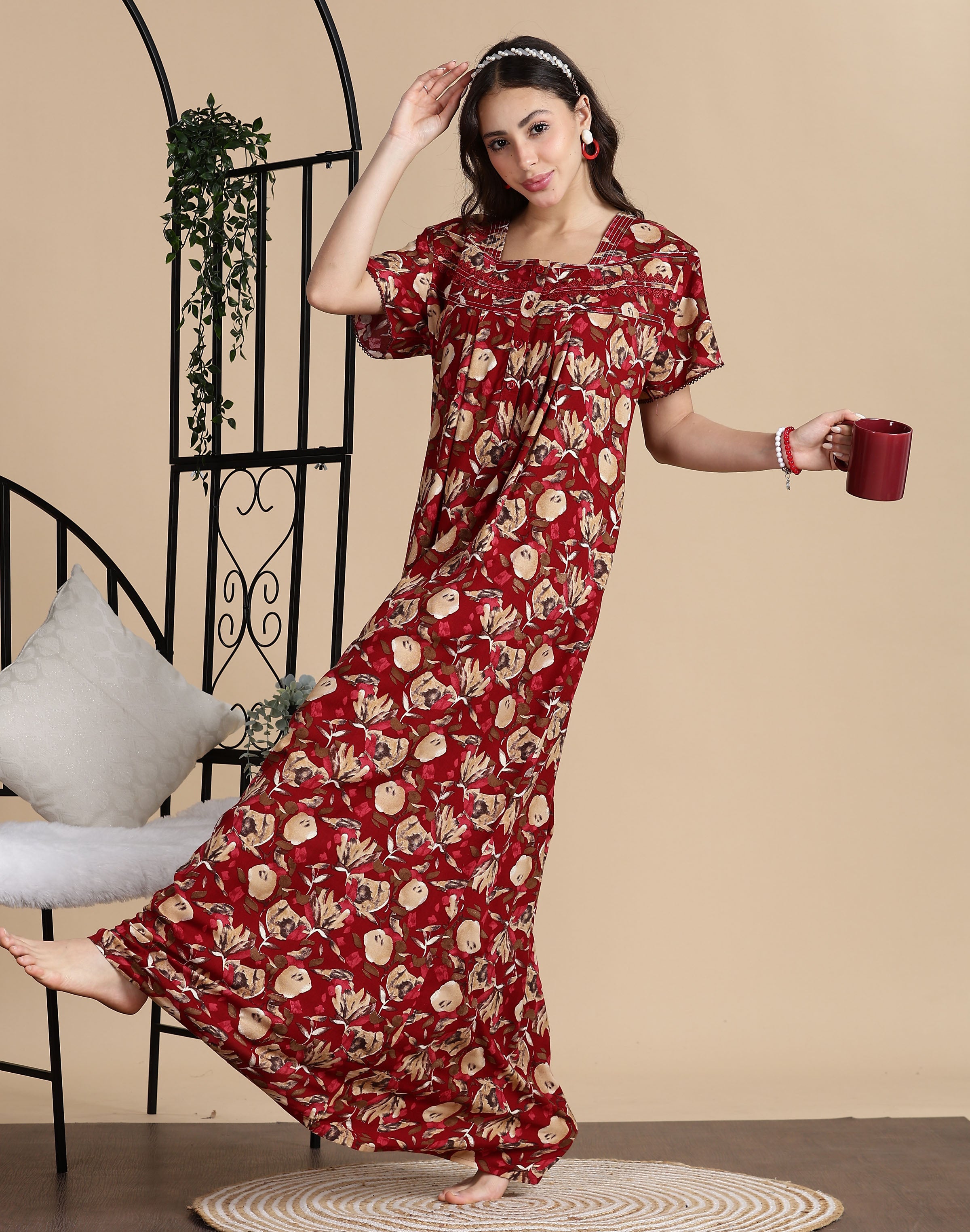 Women's Rayon Front Open and Side Pocket Maxi Nighty Nightdress