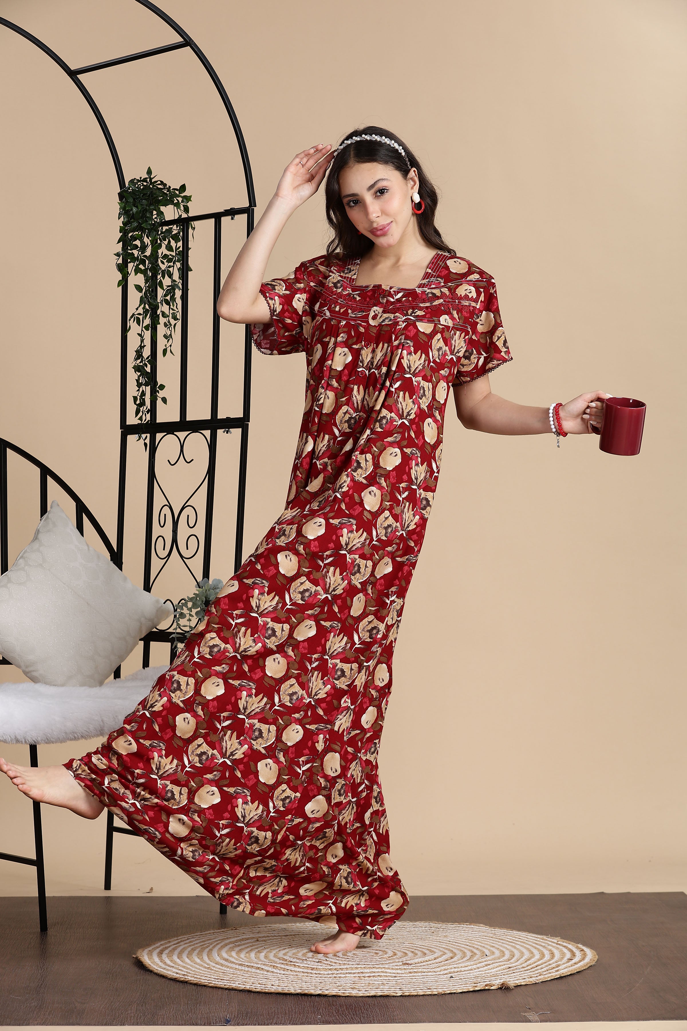Women's Rayon Front Open and Side Pocket Maxi Nighty Nightdress