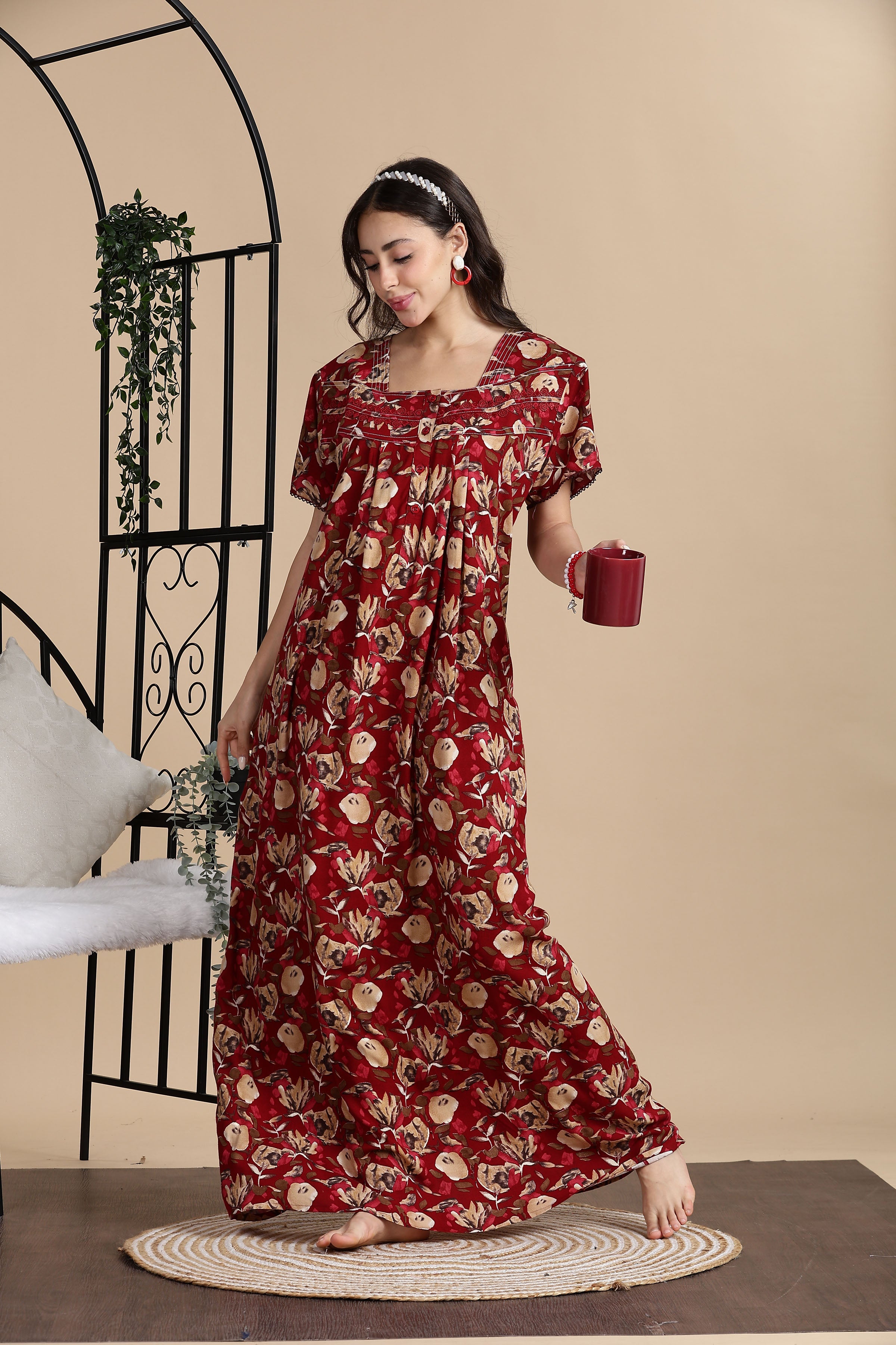 Women's Rayon Front Open and Side Pocket Maxi Nighty Nightdress