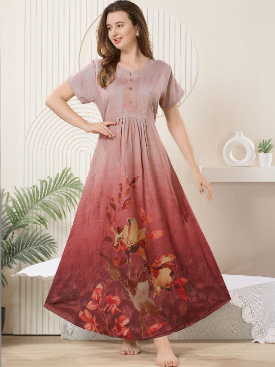 Printed Maxi Nightdress Round Neck Short Sleeves Maroon