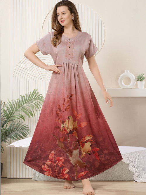 Printed Maxi Nightdress Round Neck Short Sleeves Maroon