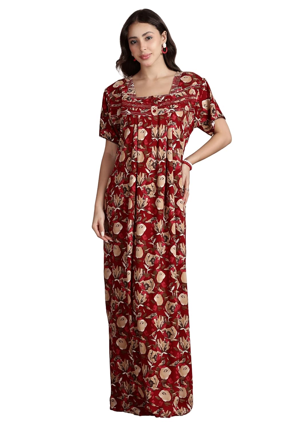 Women's Rayon Front Open and Side Pocket Maxi Nighty Nightdress