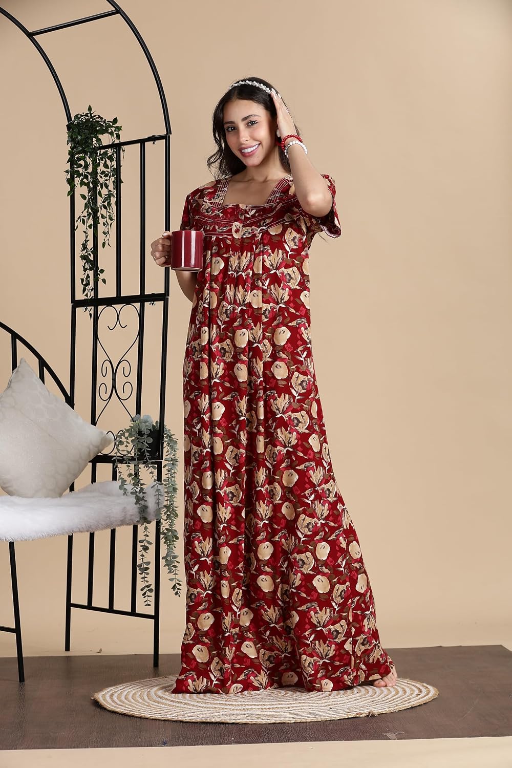 Women's Rayon Front Open and Side Pocket Maxi Nighty Nightdress