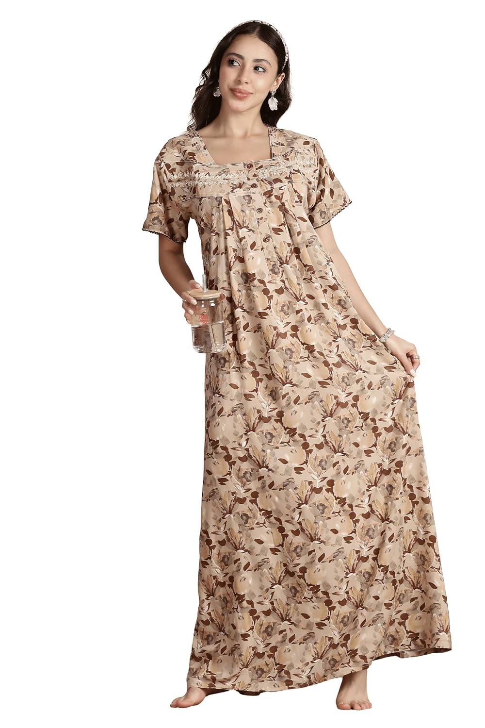 Women's Rayon Front Open and Side Pocket Maxi Nighty Nightdress