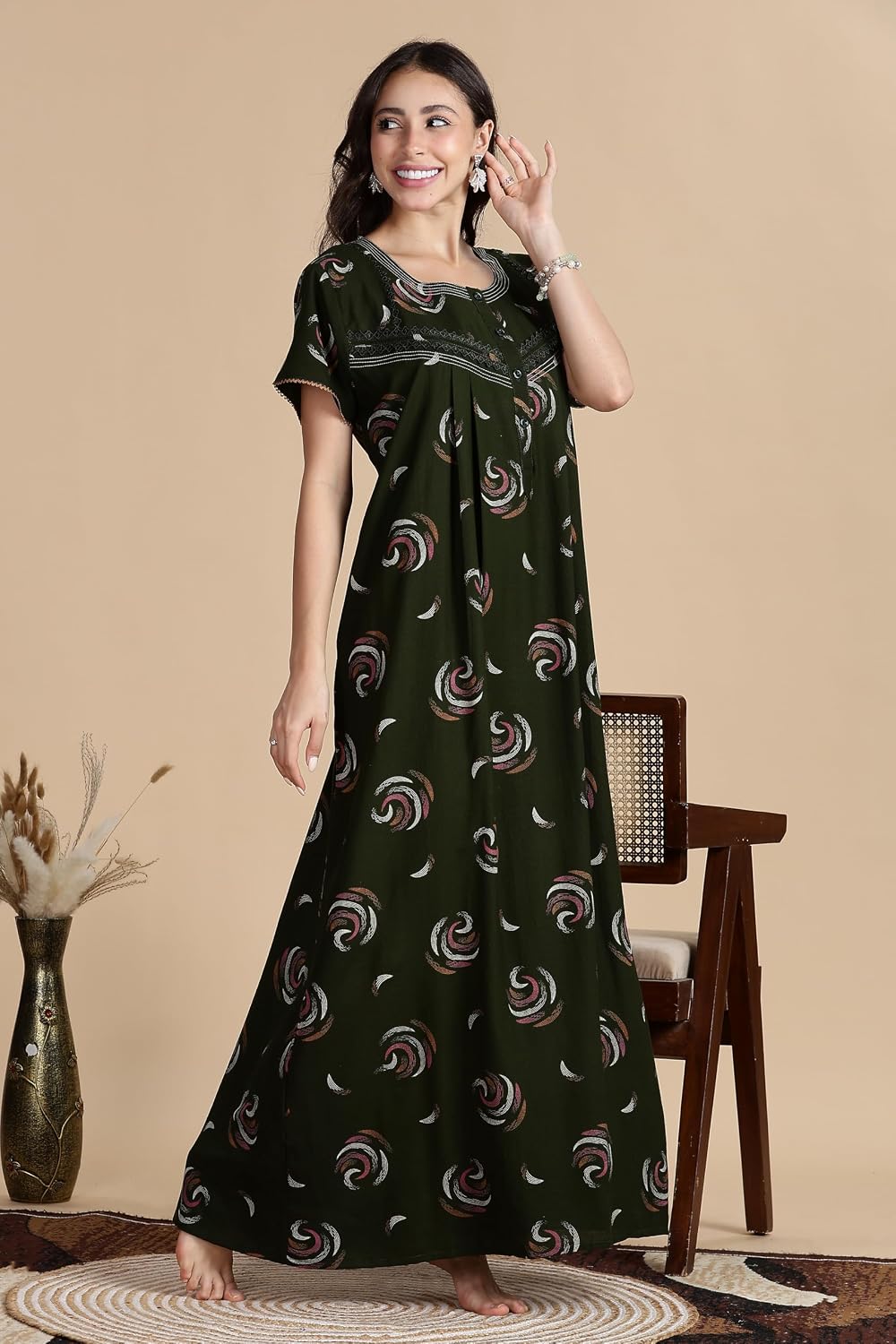 Women's Alpine Front Open and Side Pocket Maxi Nighty Nightdress
